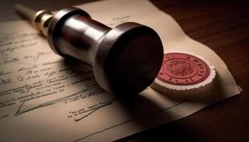 A stamp and a wax seal on an old document or parchment paper.