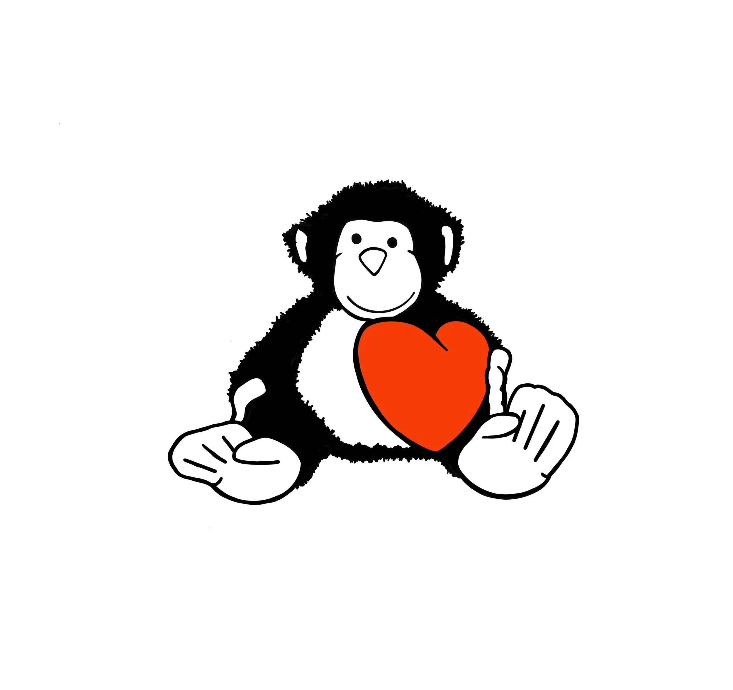 Cartoon monkey holding a red heart in front of its chest with a big smile.