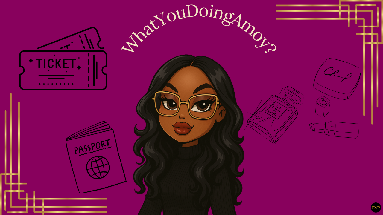 Digital illustration of a woman with long wavy black hair and glasses, surrounded by travel-related items such as tickets, a passport, and cosmetics, with the text "What YouDoingAmoy?" on a purple background.
