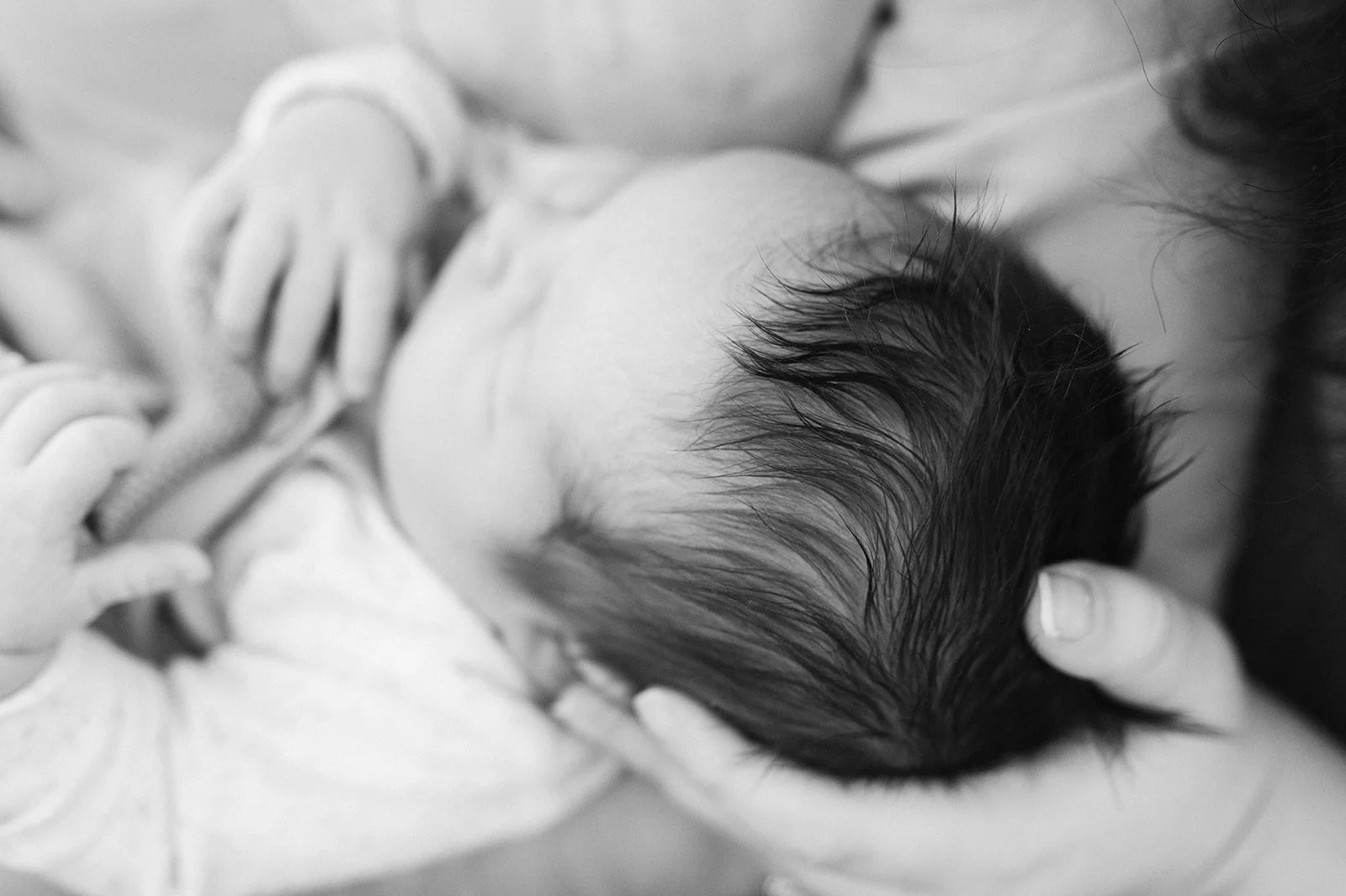 Close-up of a newborn baby with dark hair receiving gentle support from adult hands in a black-and-white photo.