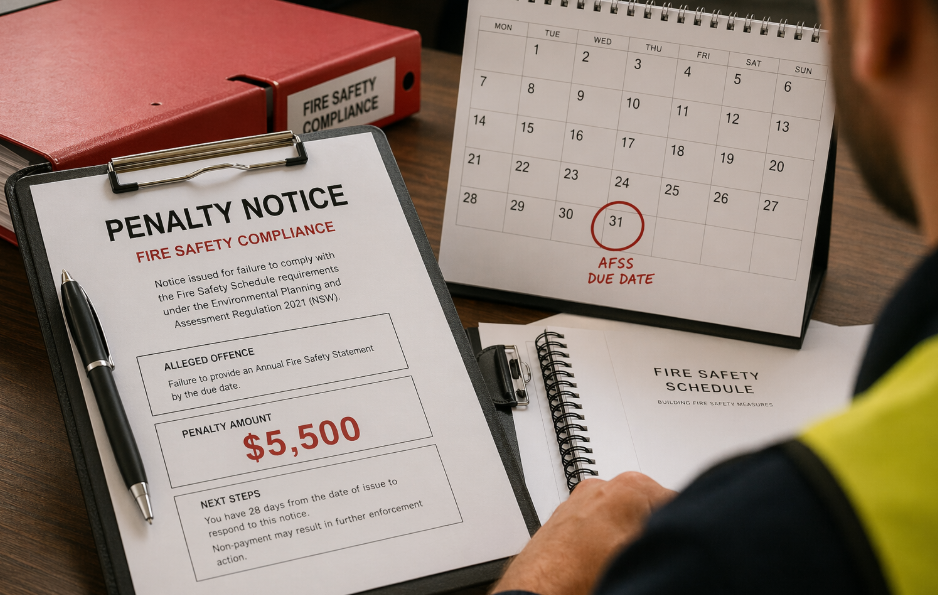Fire safety compliance penalty notice showing a $5,500 fine next to a desk calendar with the AFSS due date circled in red