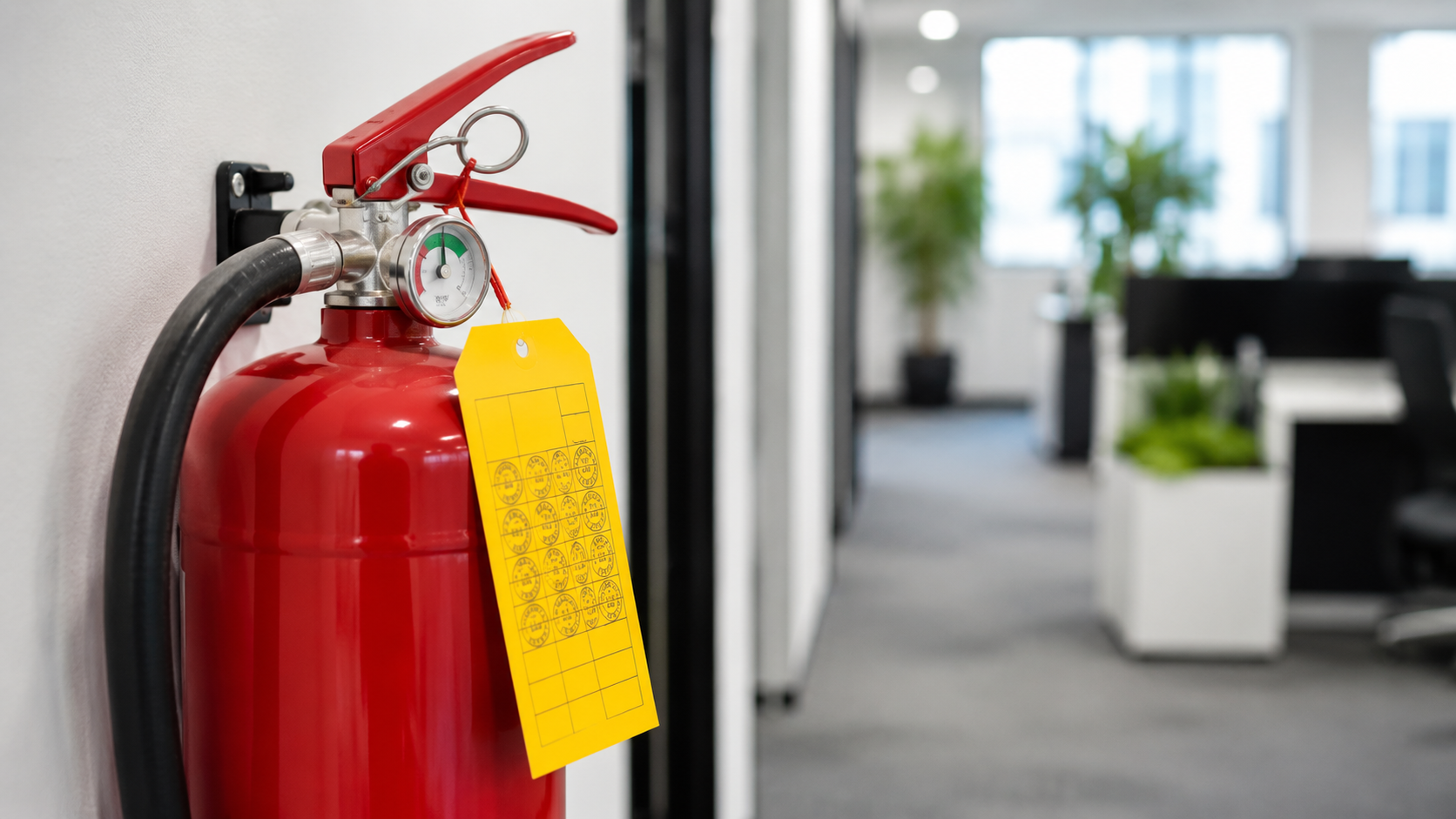 Red ABE dry chemical fire extinguisher with a yellow AS 1851 service inspection tag mounted on the wall of a commercial building in NSW
