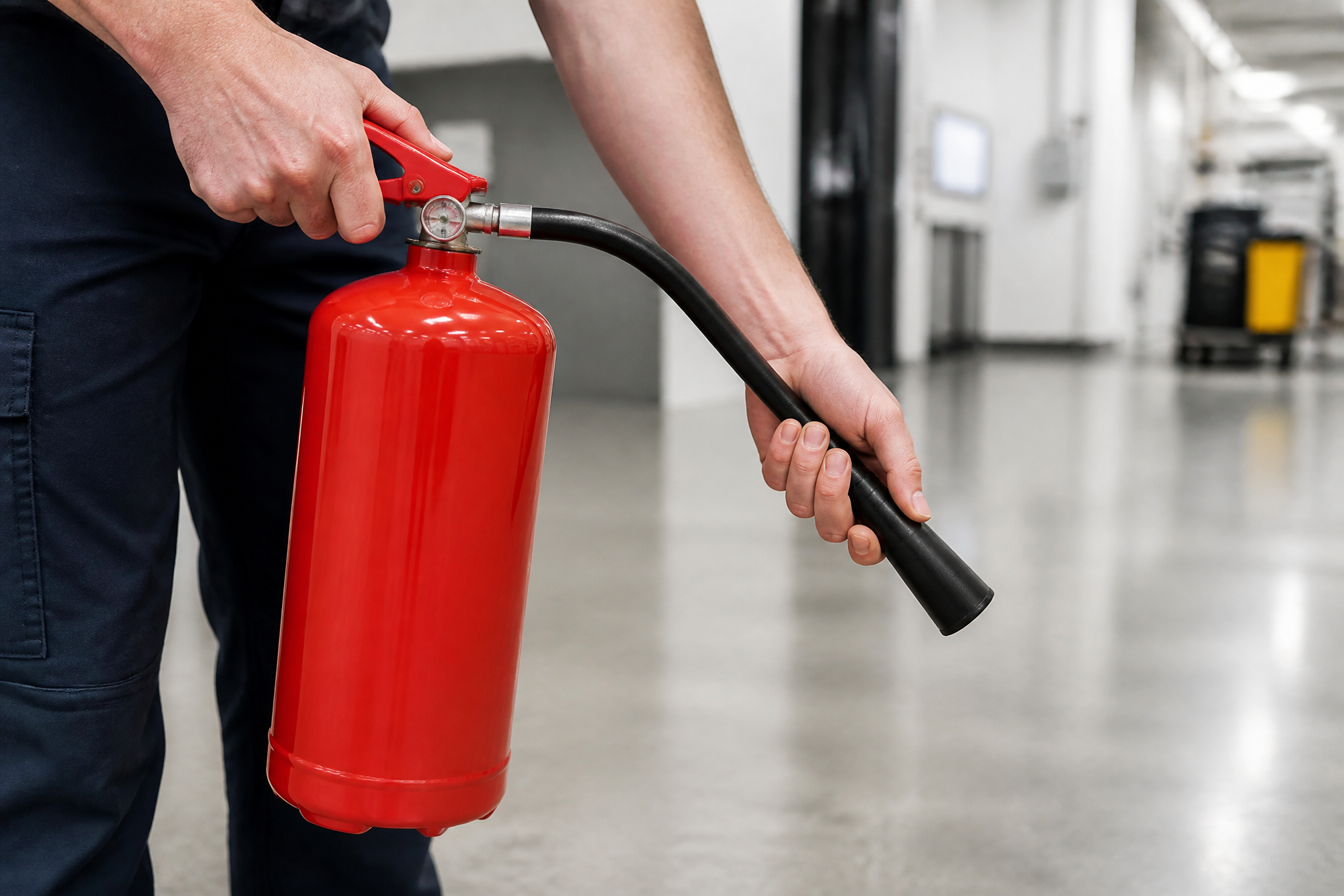 Person demonstrating the PASS method fire extinguisher technique with a red portable fire extinguisher in an Australian commercial building setting