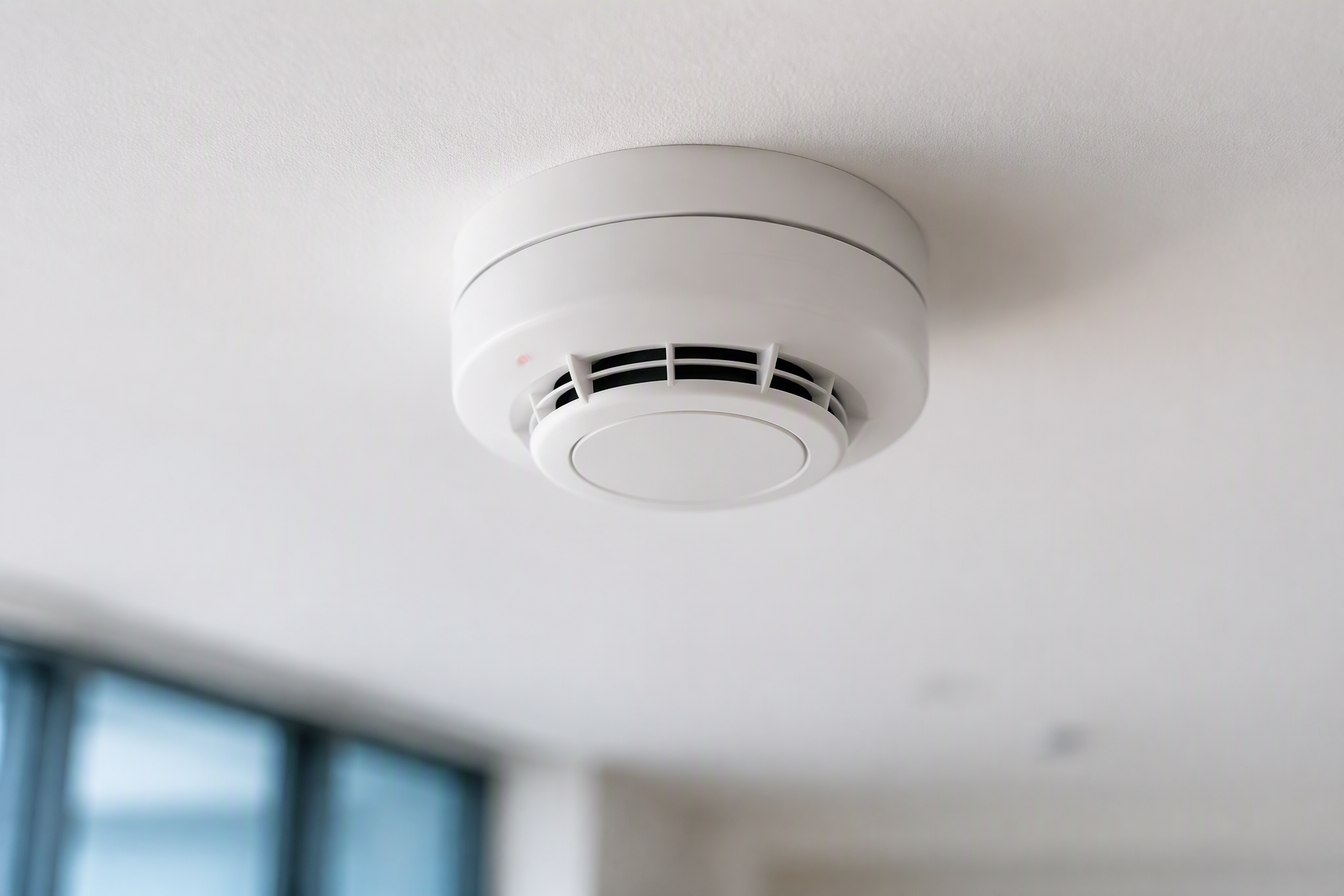 White photoelectric smoke detector mounted on the ceiling of an Australian residential building meeting AS 3786 compliance requirements