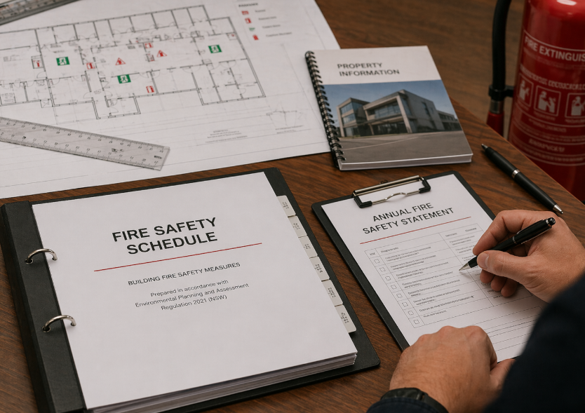 Fire Safety Schedule binder open alongside an Annual Fire Safety Statement clipboard resting on building blueprints