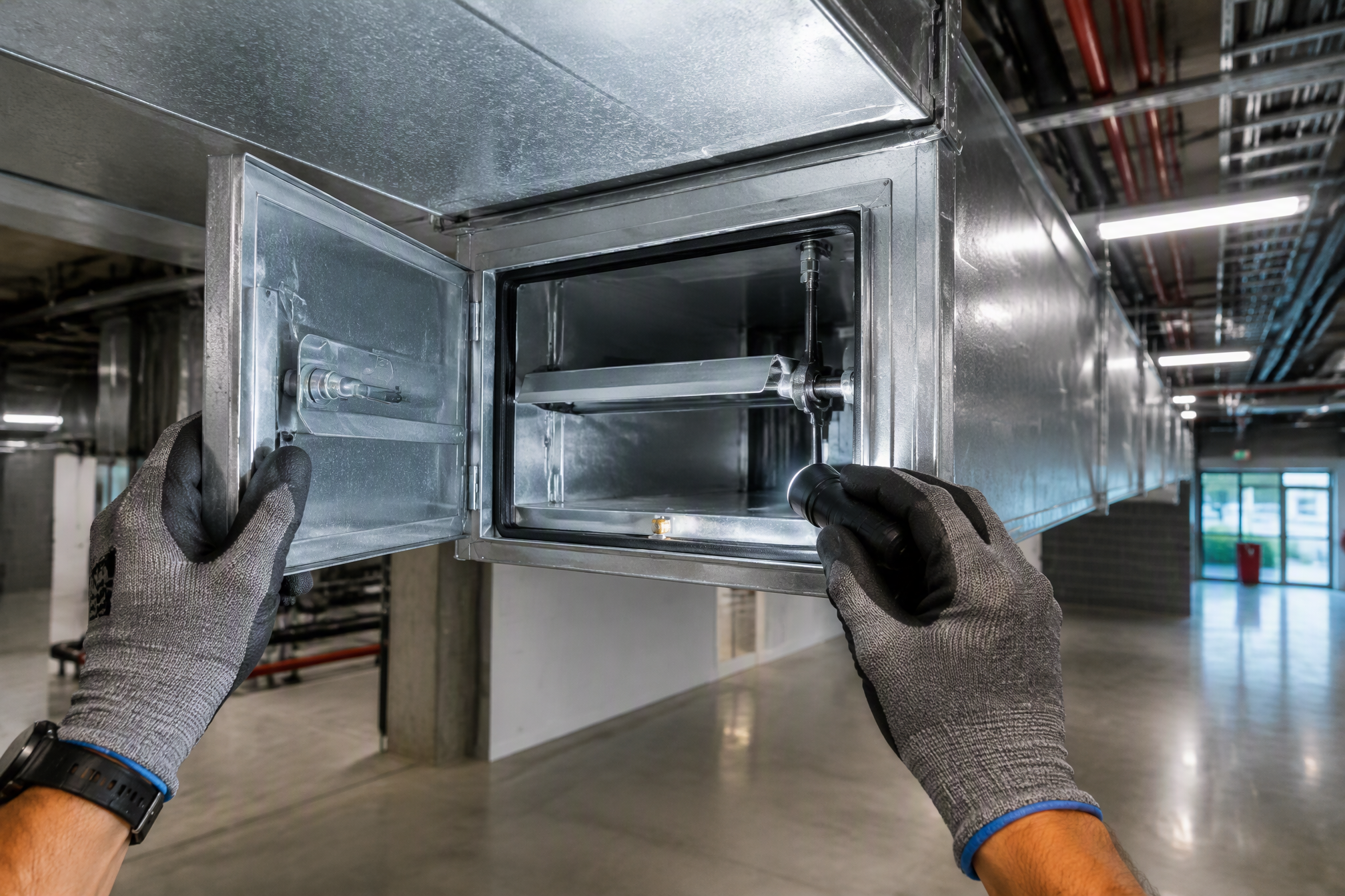Fire safety technician inspecting a fire damper access panel inside an Australian commercial building HVAC ductwork system for AS 1851 compliance