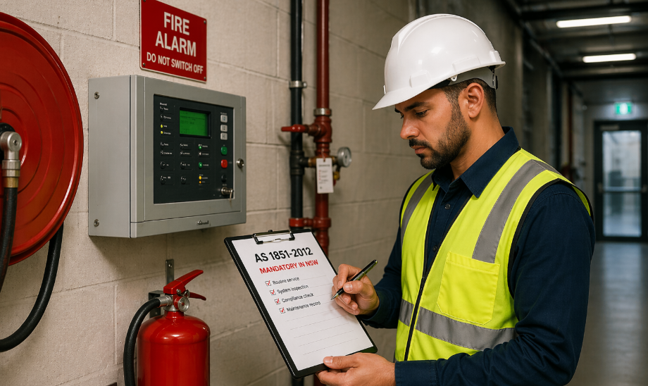 FSA-accredited fire safety assessor inspecting fire hydrant booster panel during AFSS inspection in Sydney commercial building