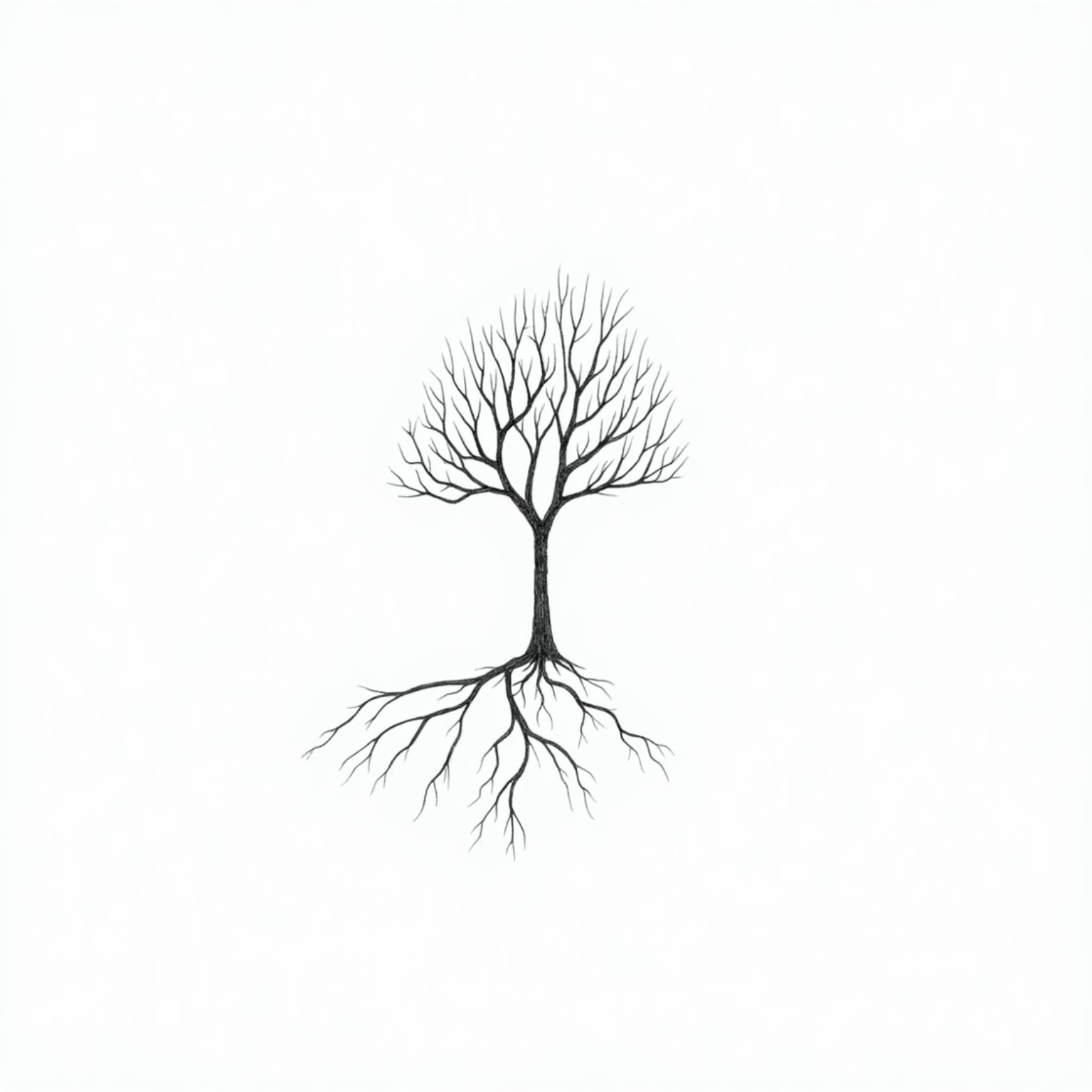A black and white illustration of a leafless tree, showing the branches above ground and the roots below ground.