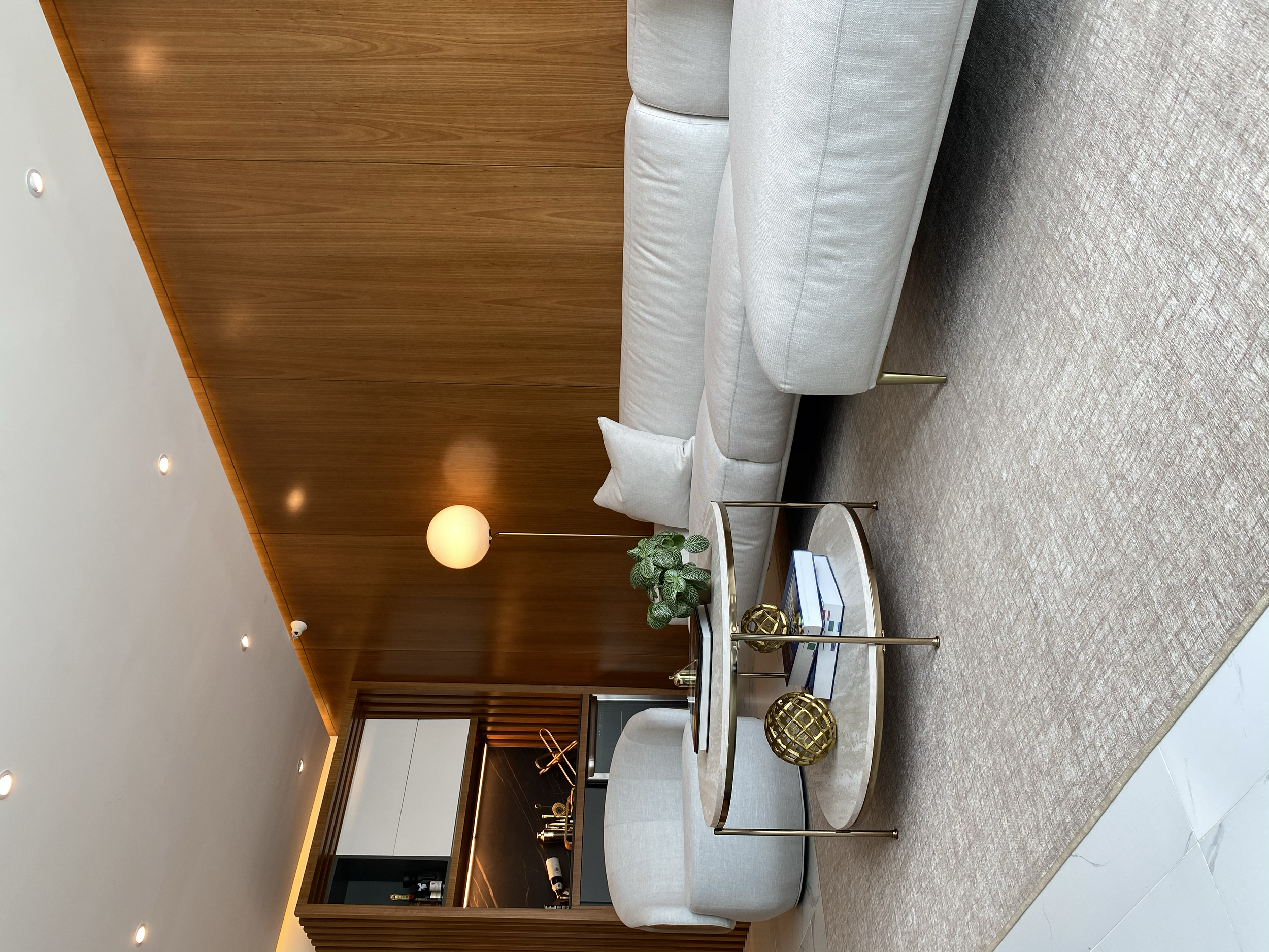 Sala de estar con sofá blanco, mesa de centro con decoraciones doradas y libros, pared de madera, lámpara de pie, y alfombra beige.