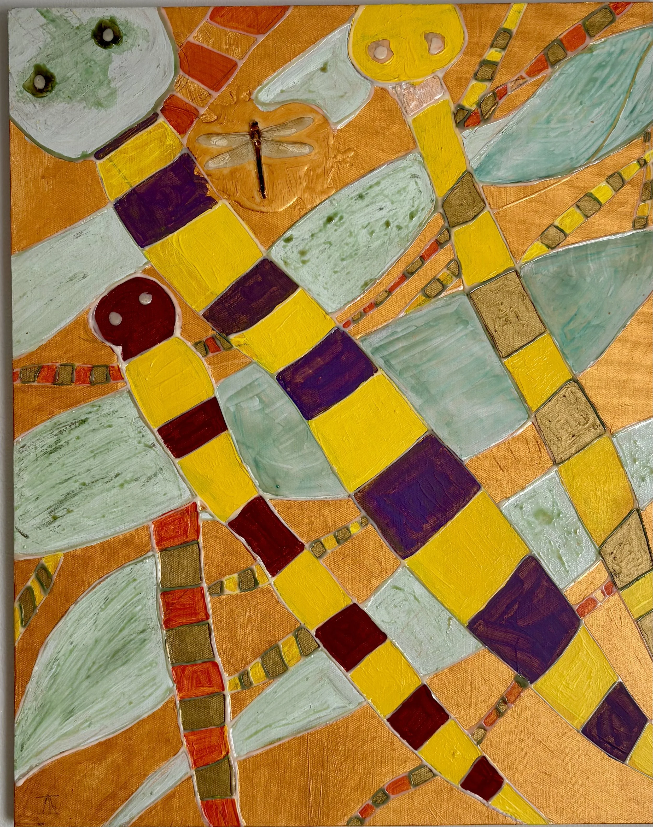 A colorful painting featuring a dragonfly, leaves, and abstract shapes in shades of green, yellow, orange, purple, and red.