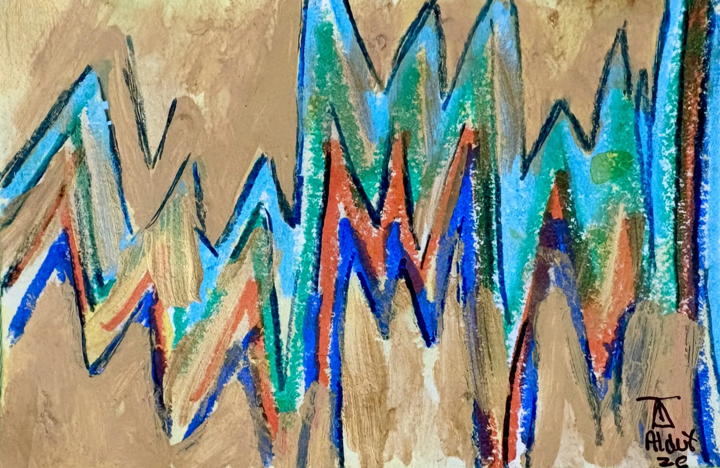 Colorful abstract drawing with sharp, angular shapes in blue, green, red, orange, and yellow on a brown background. It resalts movement and ups and downs.