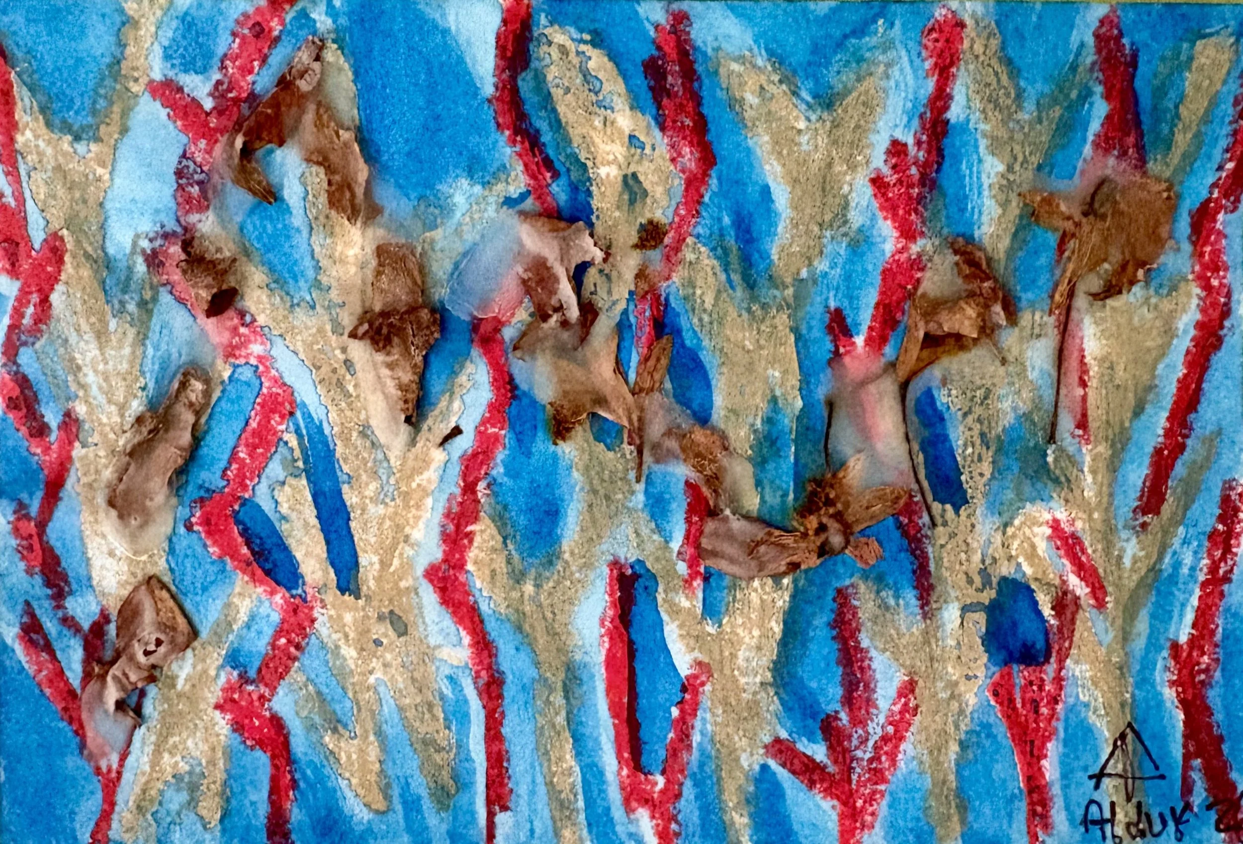 A colorful mixed media artwork with blue, red, gold, and brown elements, including dry organic material.