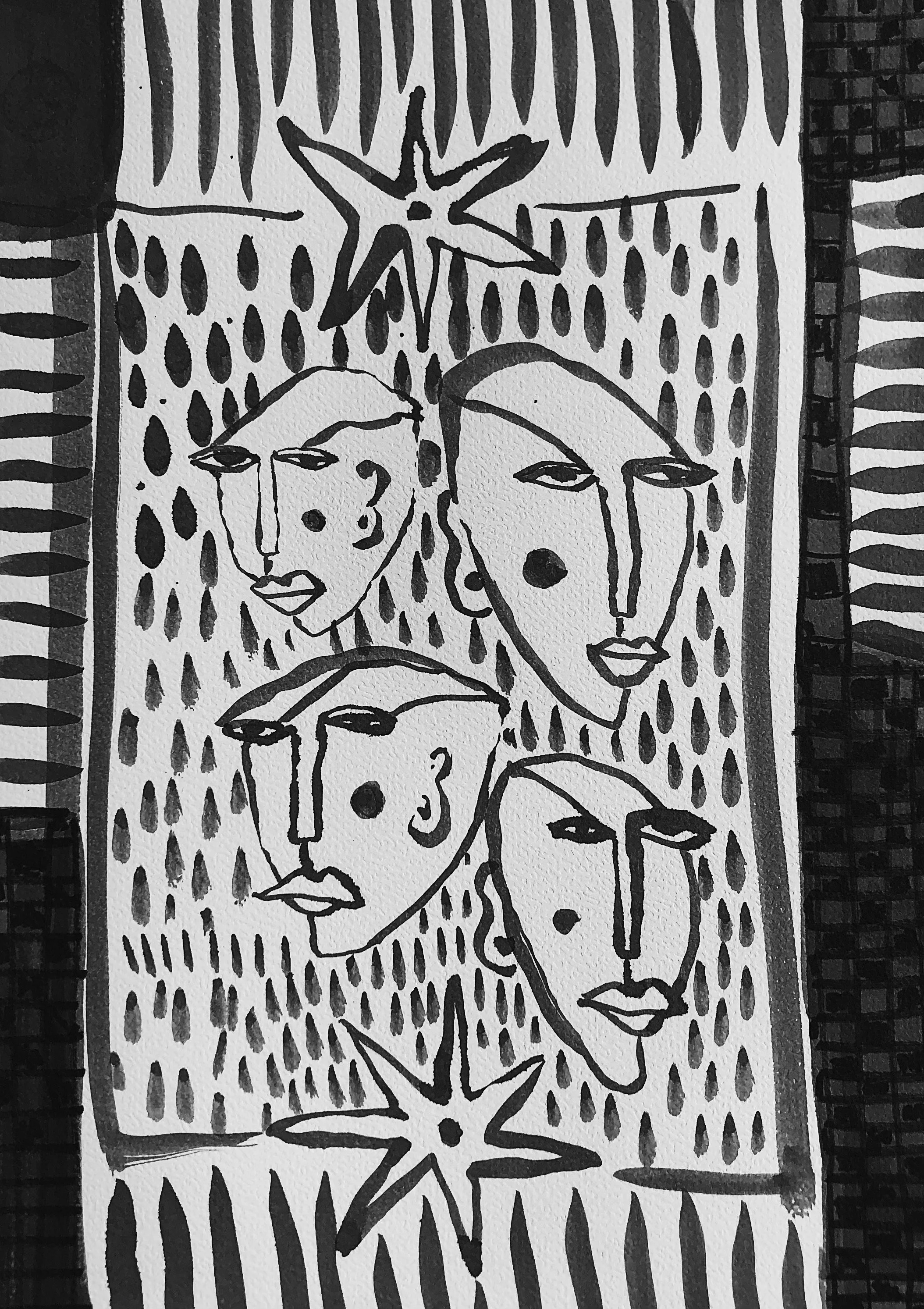 Black and white abstract drawing of five stylized female faces with starfish shapes above and below, set against a dotted background.