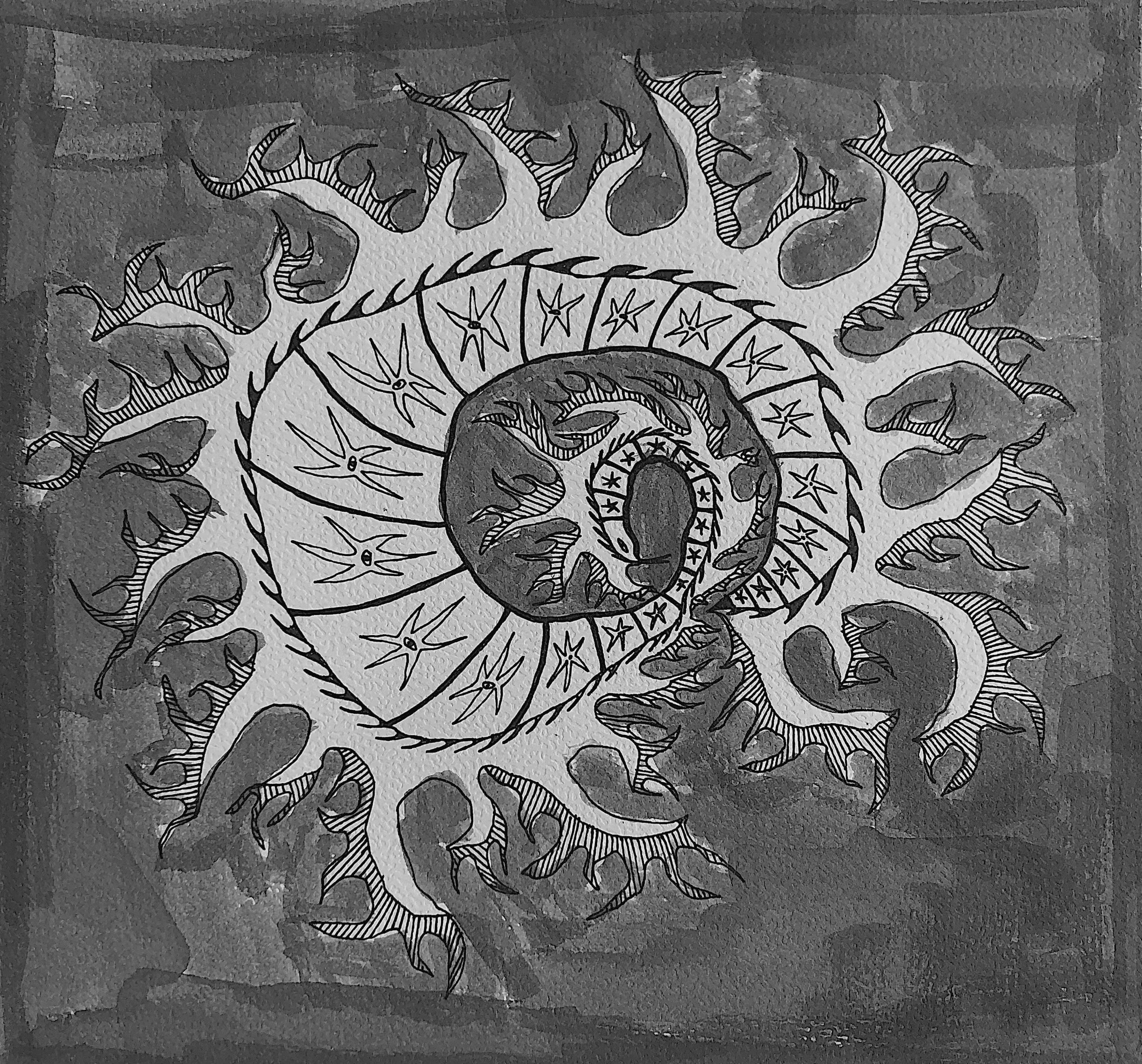 A black and white drawing of a spiral with flame-like shapes and stars inside, resembling a stylized sun or fire motif.