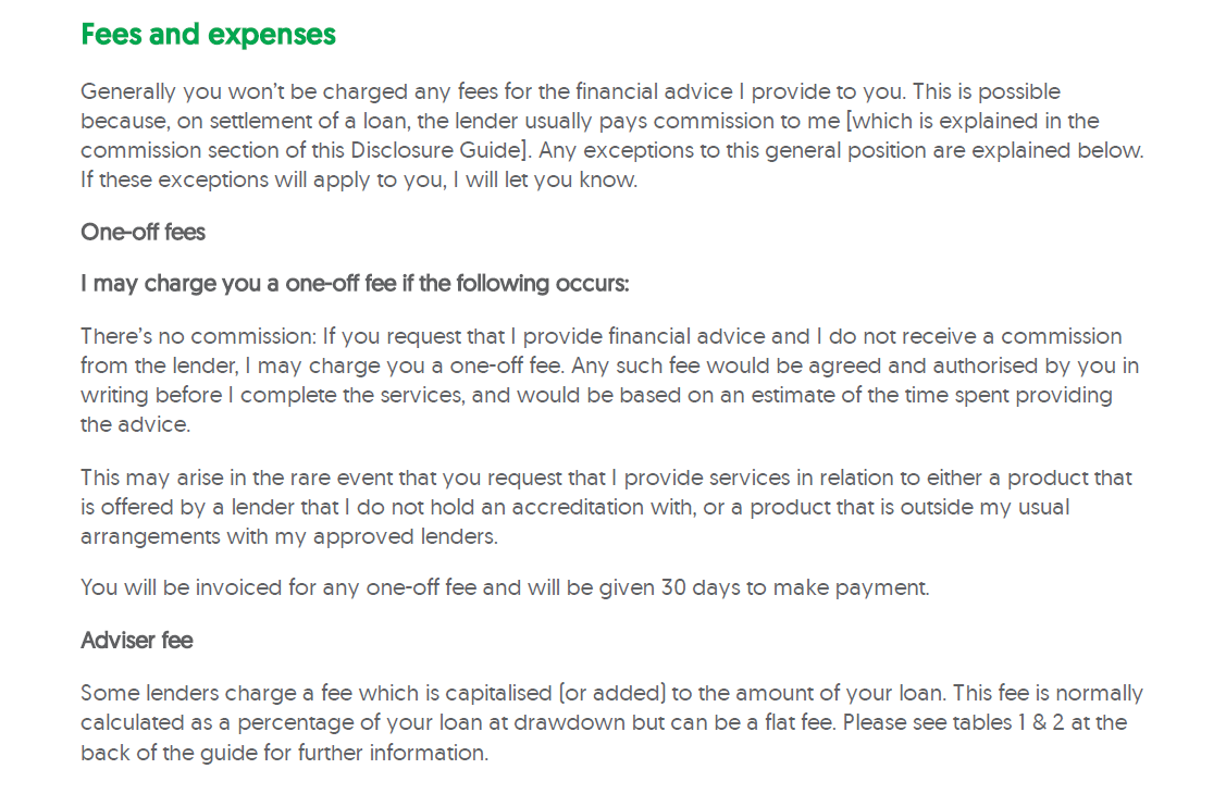 Excerpt from a financial advice document detailing fees and expenses, including one-off fees and advisor fees, with headings in green and black text.