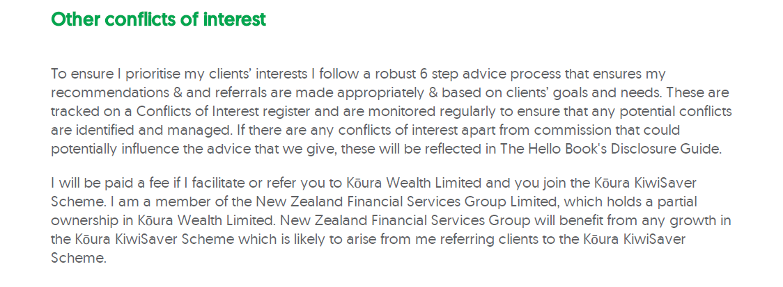 Text discussing conflicts of interest, Kōura Wealth & KiwiSaver schemes, and referral fees, with green heading titled 'Other conflicts of interest'.