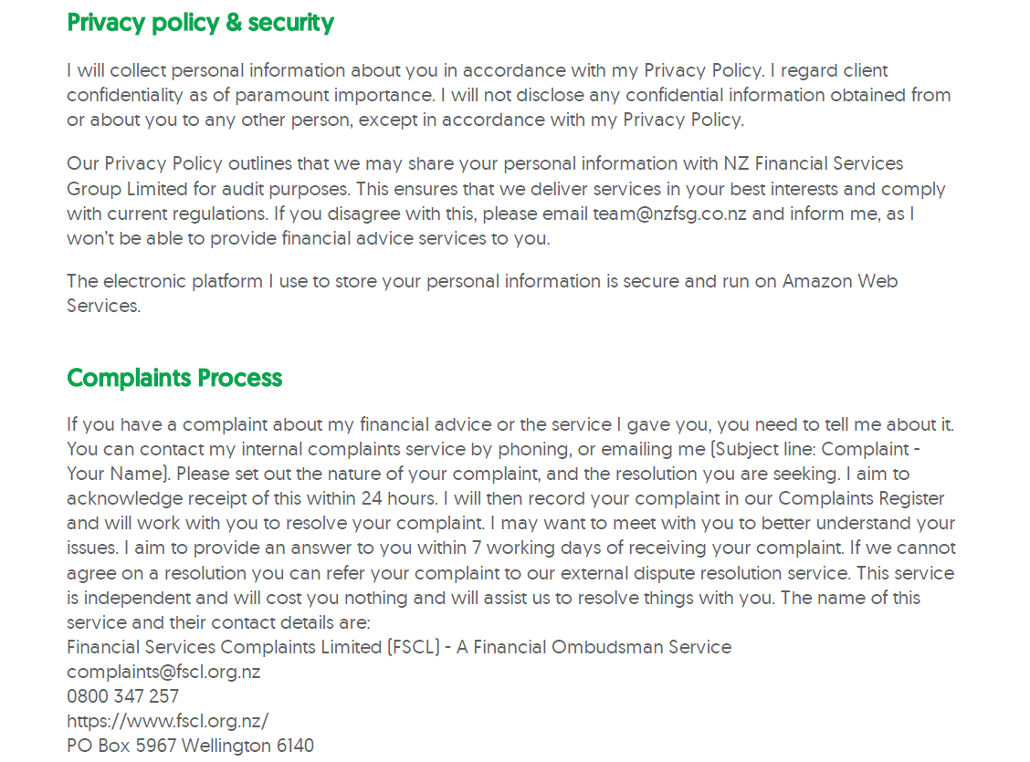 Screenshot of a privacy policy and complaints process document discussing collection of personal information, sharing with NZ Financial Services Group, storage on Amazon Web Services, and instructions for filing complaints about financial advice or services.
