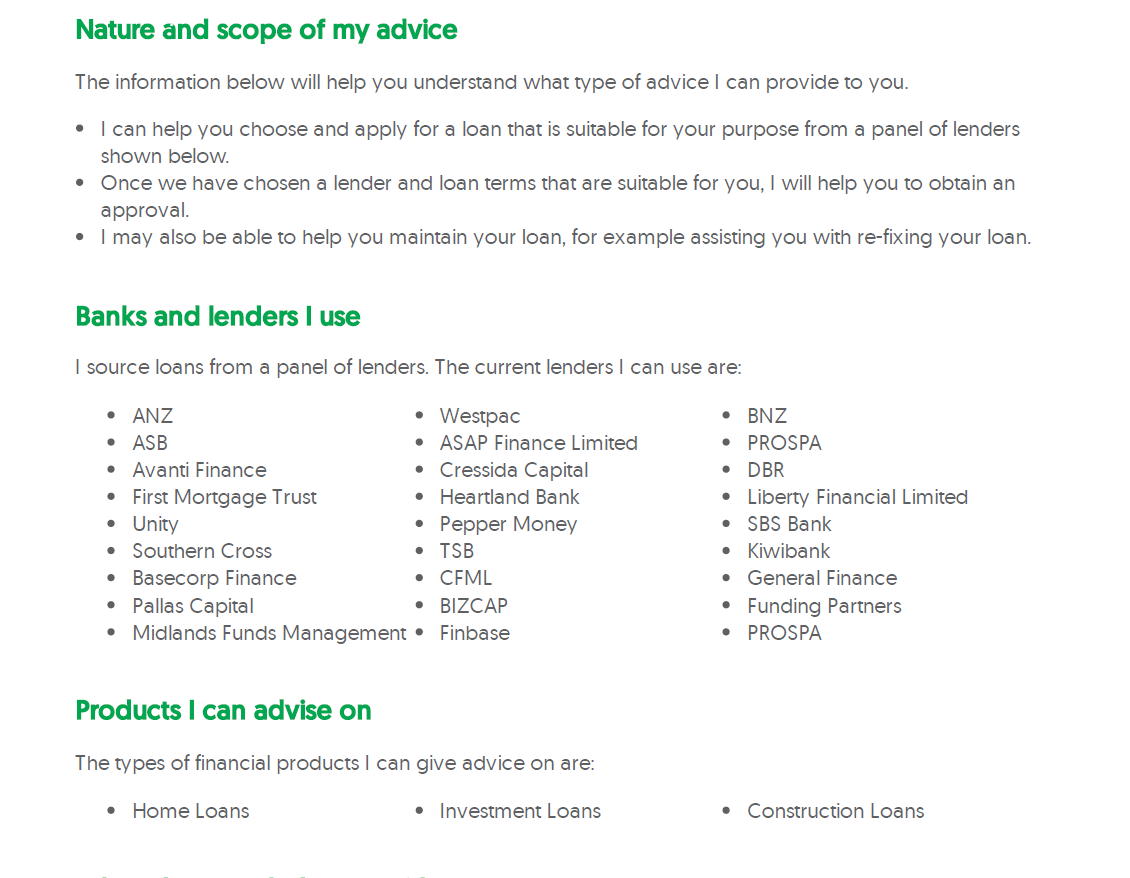 Text document outlining advice on loans, banks, lenders, and financial products, including lists of banks and types of loans.