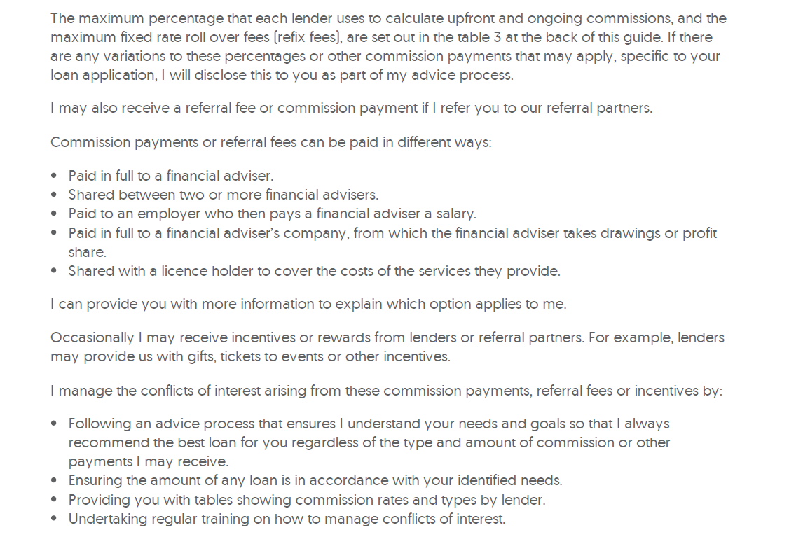 A page of text explaining commission payments, referral fees, and managing conflicts of interest for financial advisors.
