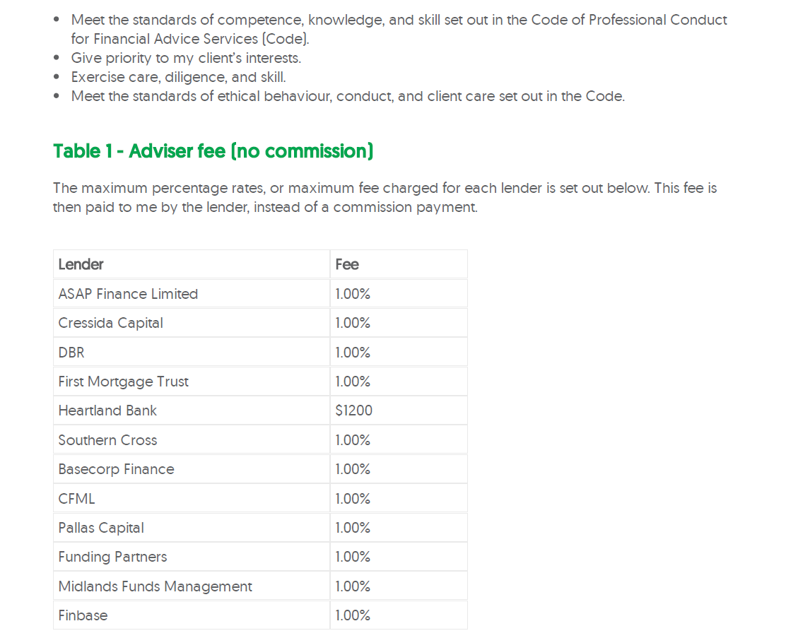 A document showing a table of adviser fees for various lenders, indicating that most lenders charge a 1% fee, with Heartland Bank charging a $1200 fee.