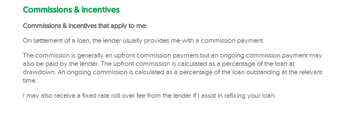 Text from a financial document titled 'Commissions & incentives' explaining commission payments on loans, including upfront and ongoing commissions, and a fixed rate roll-over fee for loan refinancing.