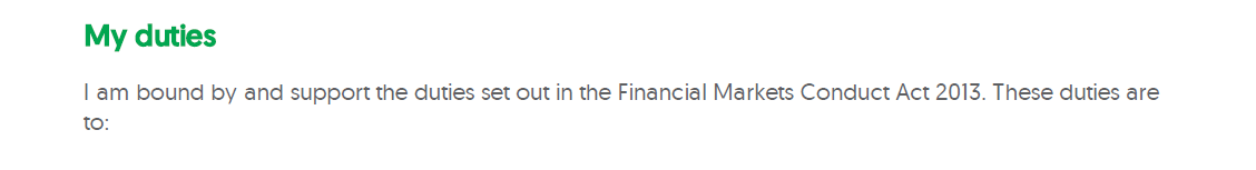 Screenshot of a document section titled 'My duties' with text about supporting duties under the Financial Markets Conduct Act 2013.