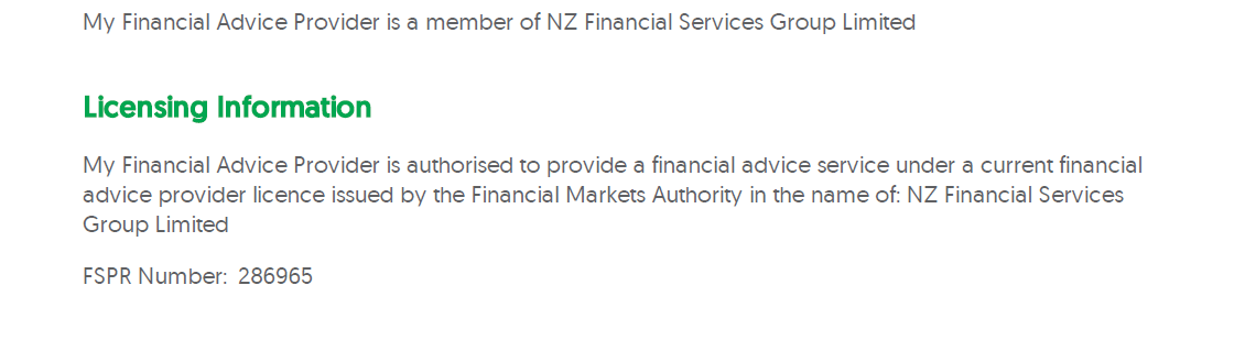 Text from a document regarding licensing information for a financial advice provider, including a license number and regulatory authority details.