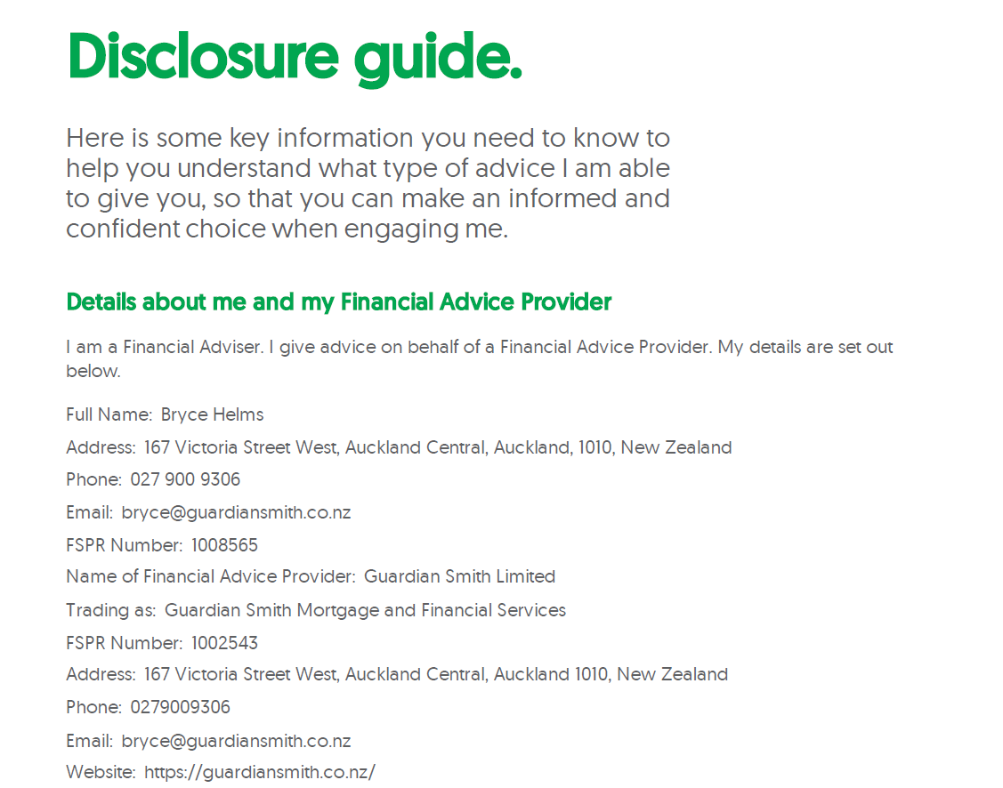 Disclosure guide document with information about a financial advisor, including name, address, phone, email, FSPR numbers, and website.