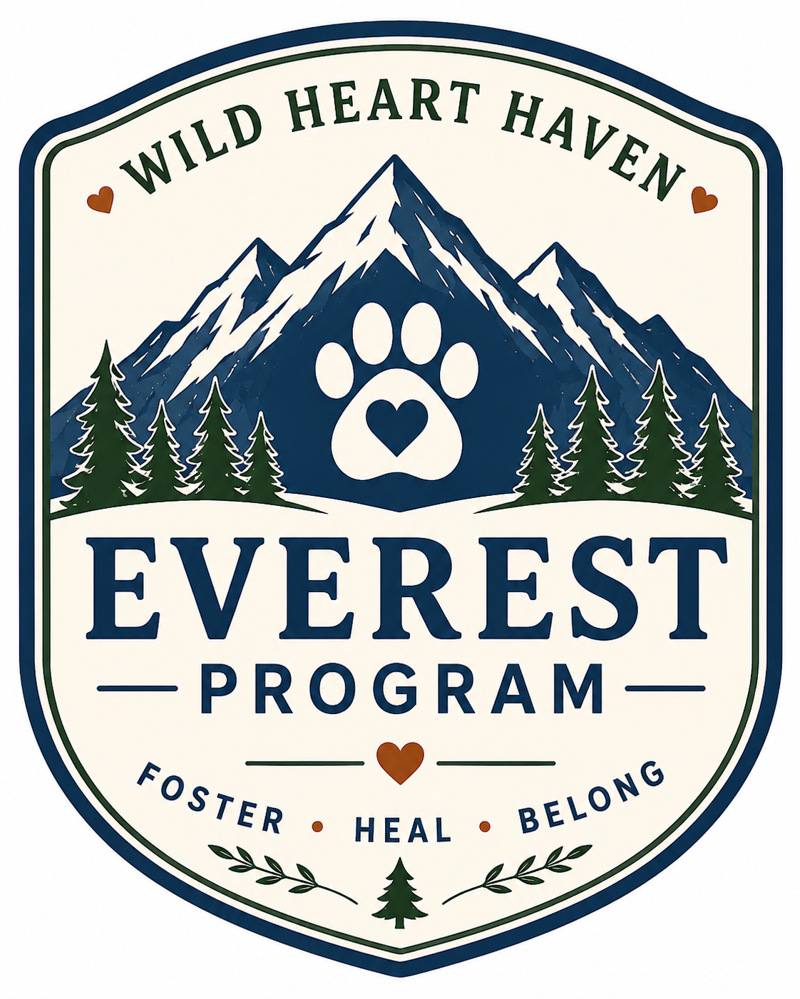 A badge with a mountain landscape, featuring snow-capped peaks, pine trees, and a large paw print with a heart shape inside it, promoting the Everest Program with the words 'Foster, Heal, Belong' at the bottom.
