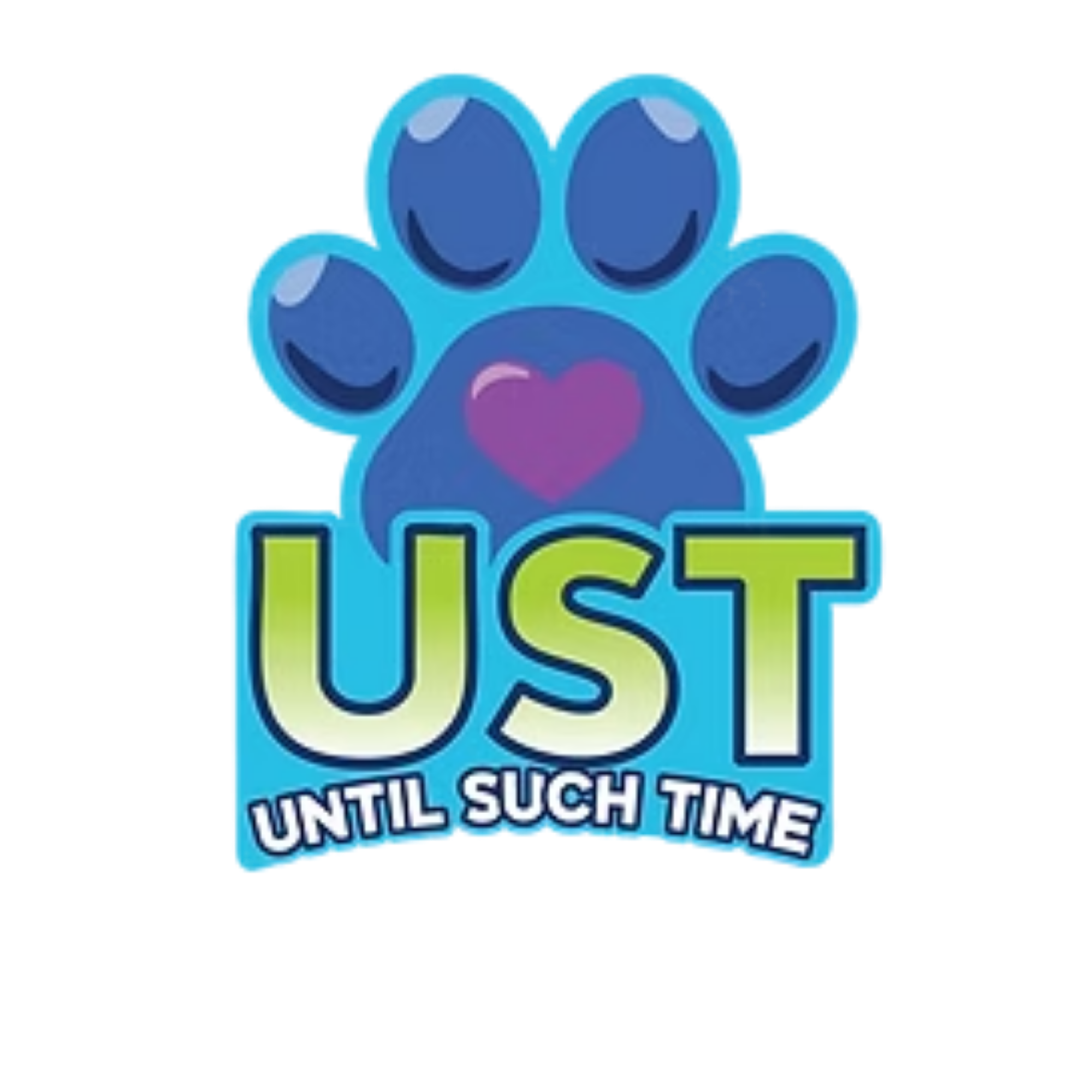 A colorful graphic with a blue paw print and a purple, green, and black text overlay that reads 'UNTIL SUCH TIME'.