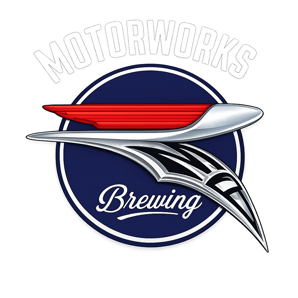 Logo for Motorworks Brewing featuring a stylized airplane with red, white, and black accents on a dark circular background.