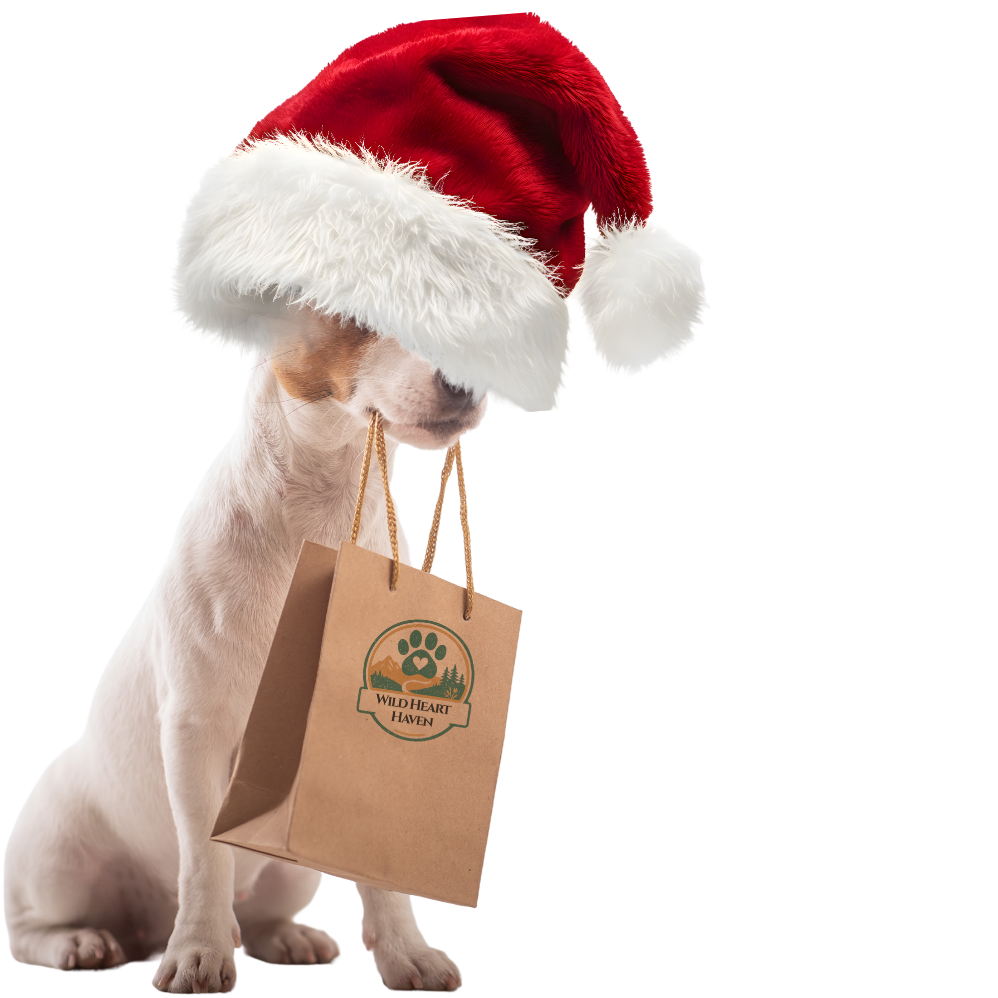 A puppy wearing a Santa hat and holding a paper shopping bag with a 'Wild Heart Haven' logo.