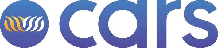 The image shows a logo with a circular blue icon containing stylized yellow and white waves on the left, followed by the word 'cars' in lowercase blue letters.
