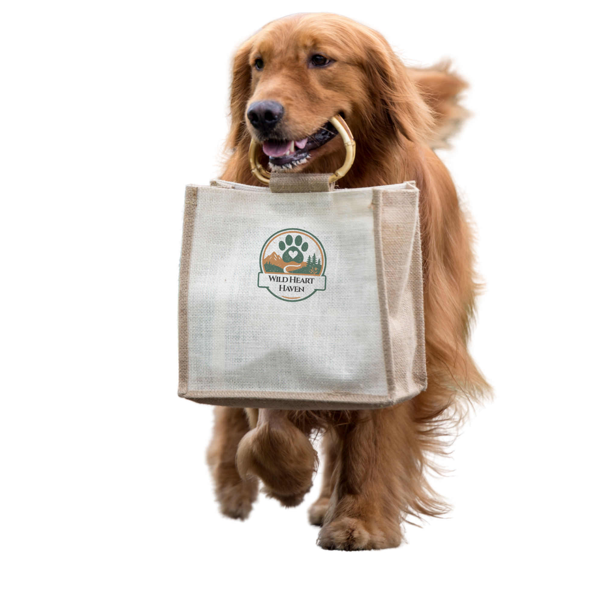 Golden retriever carrying a tote bag with the logo of Wild Heart Haven, a wildlife rescue organization.