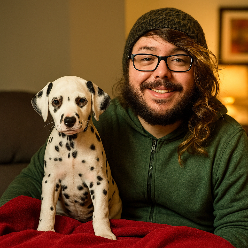 A smiling man with glasses and long hair wearing a beanie and green hoodie sitting next to a Dalmatian puppy with black spots on a red blanket in a cozy indoor setting.