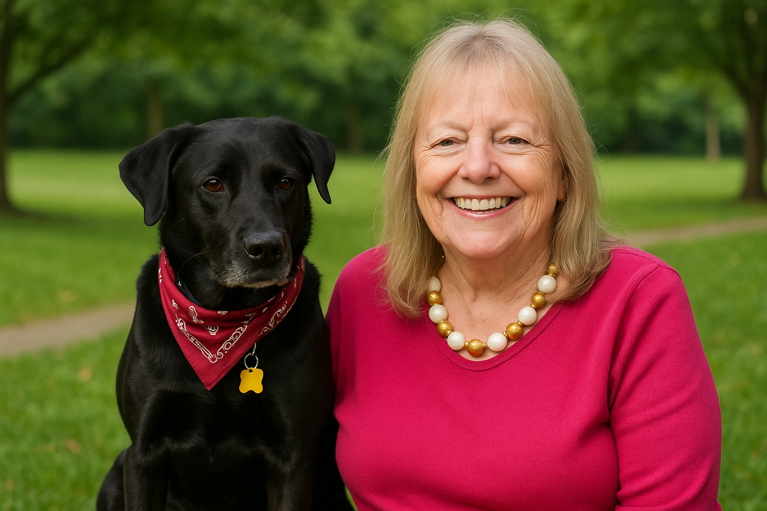 Smiling elderly woman with blonde hair in a pink top smiling next to a black dog wearing a red bandana and a yellow tag, in a park with green grass and trees.