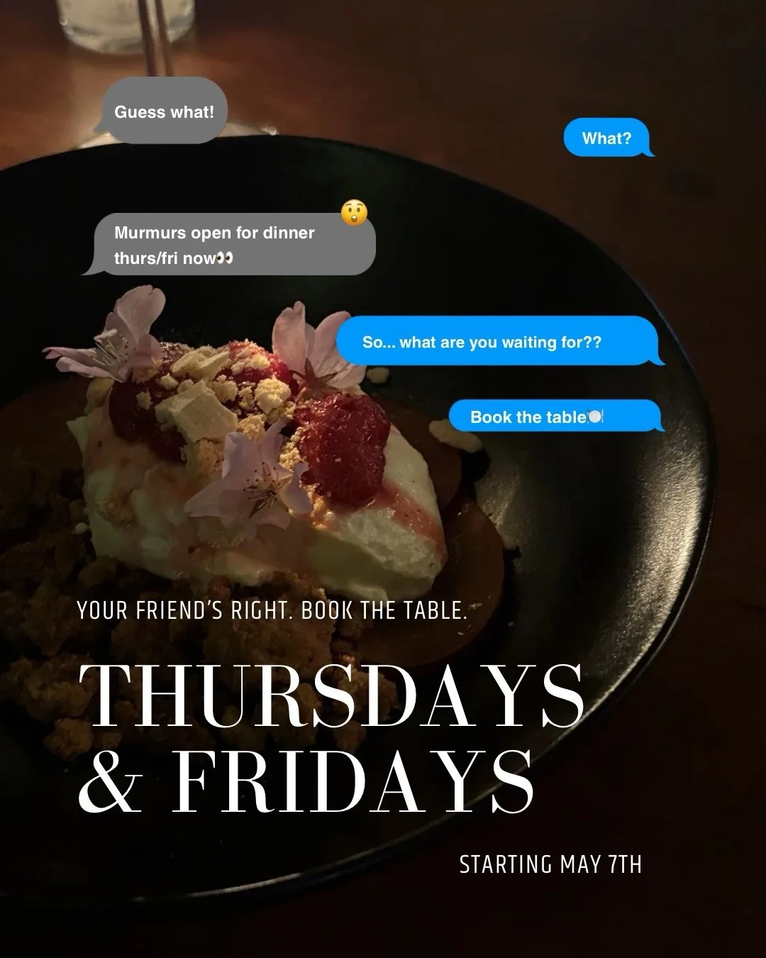 Sometimes change is hard&hellip; but we love new things✨ 

We frequently update our tasting menu to bring fresh concepts to our dishes. 

What else is changing? We&rsquo;re open for dinner on Thursdays and Fridays starting May 7th! 

Come celebrate g
