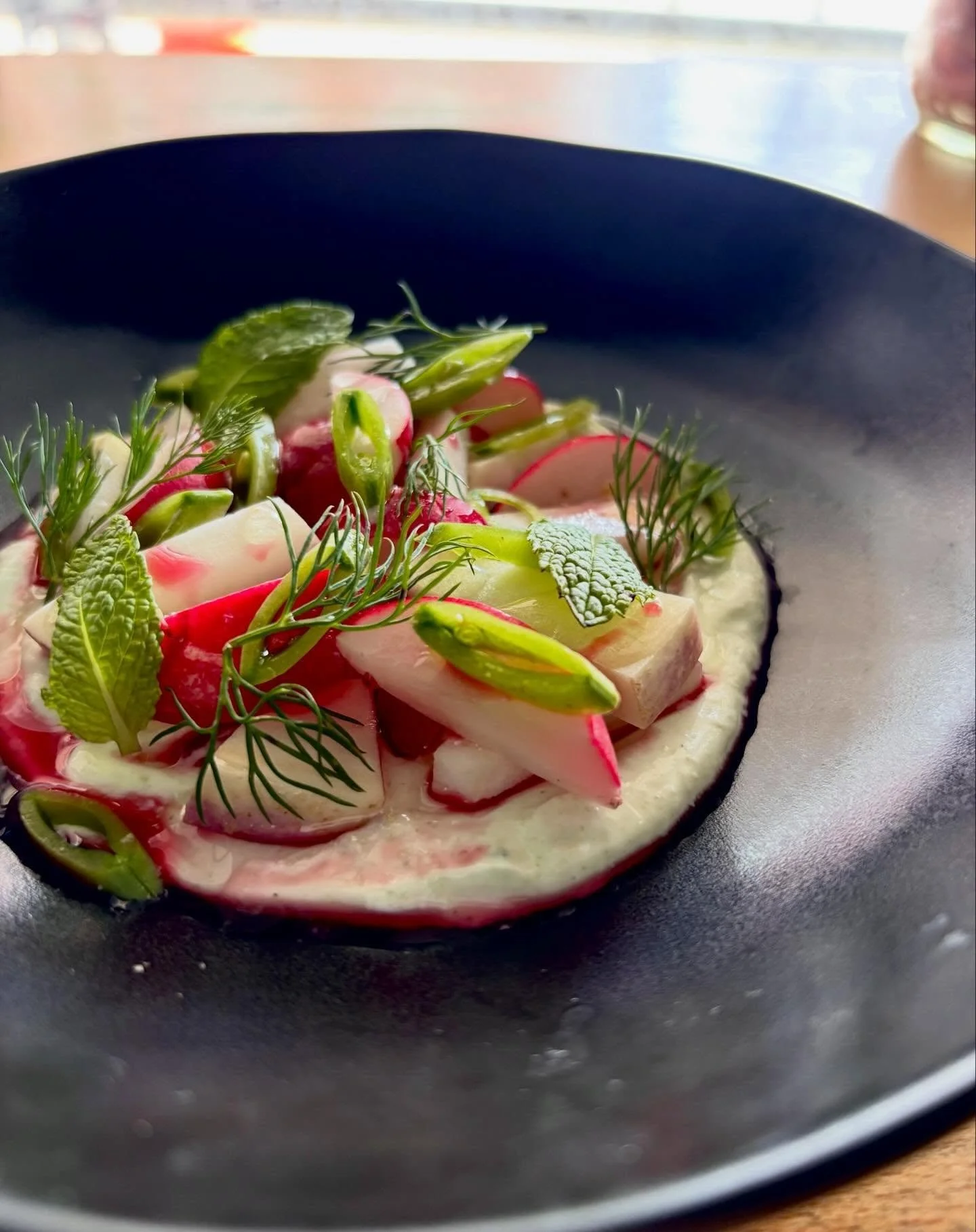 Spring salad 2.0

Radish, turnip, snap pea, dill labneh, hibiscus dressing, lemon kombu oil 

Featured on our 6 course tasting menu&hellip;reserve a table to come try it out!