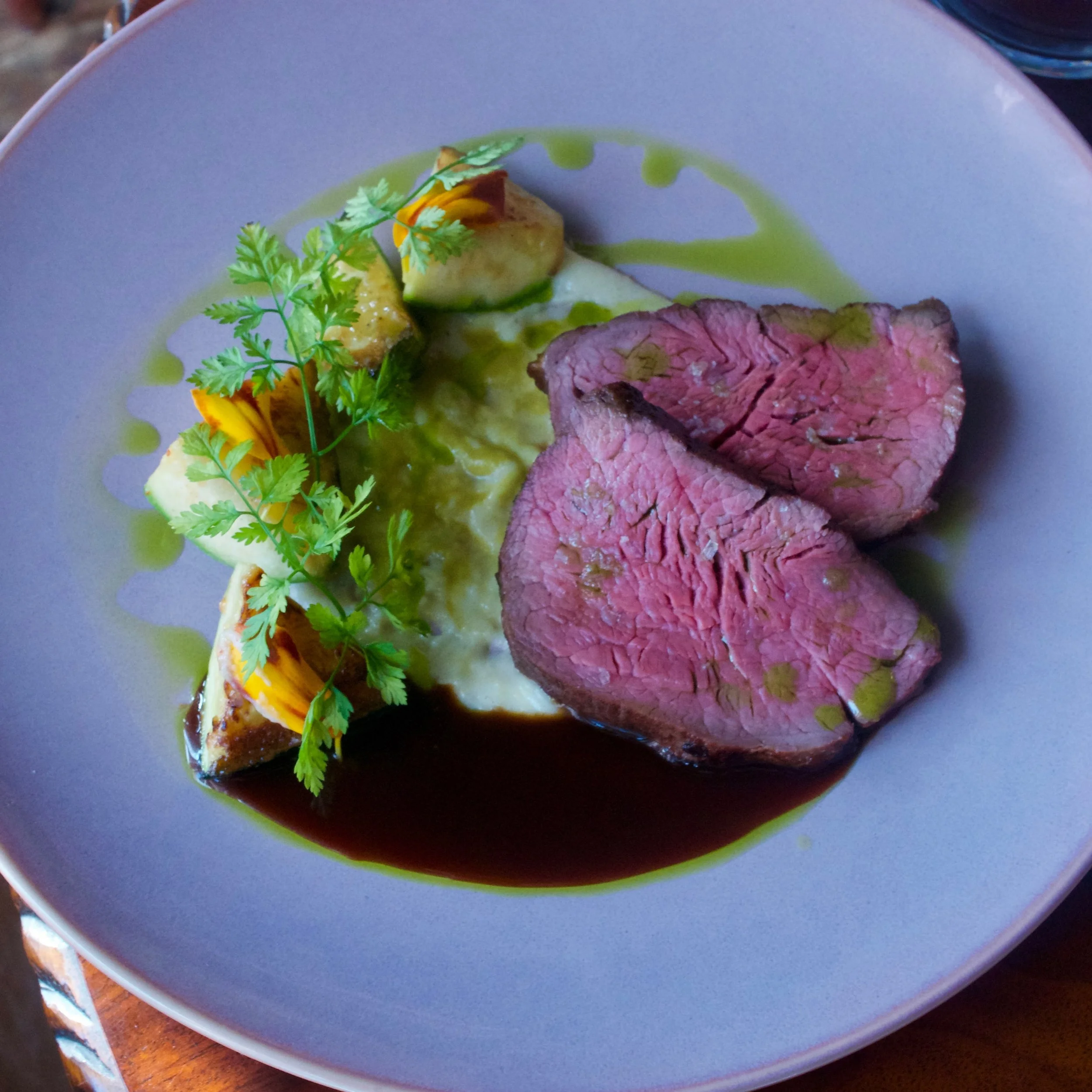 Beef Tenderloin&hellip; 
Polenta, fermented scallion and olive pur&eacute;e, miso glazed zucchini, and of course, a rich jus that takes no prisoners