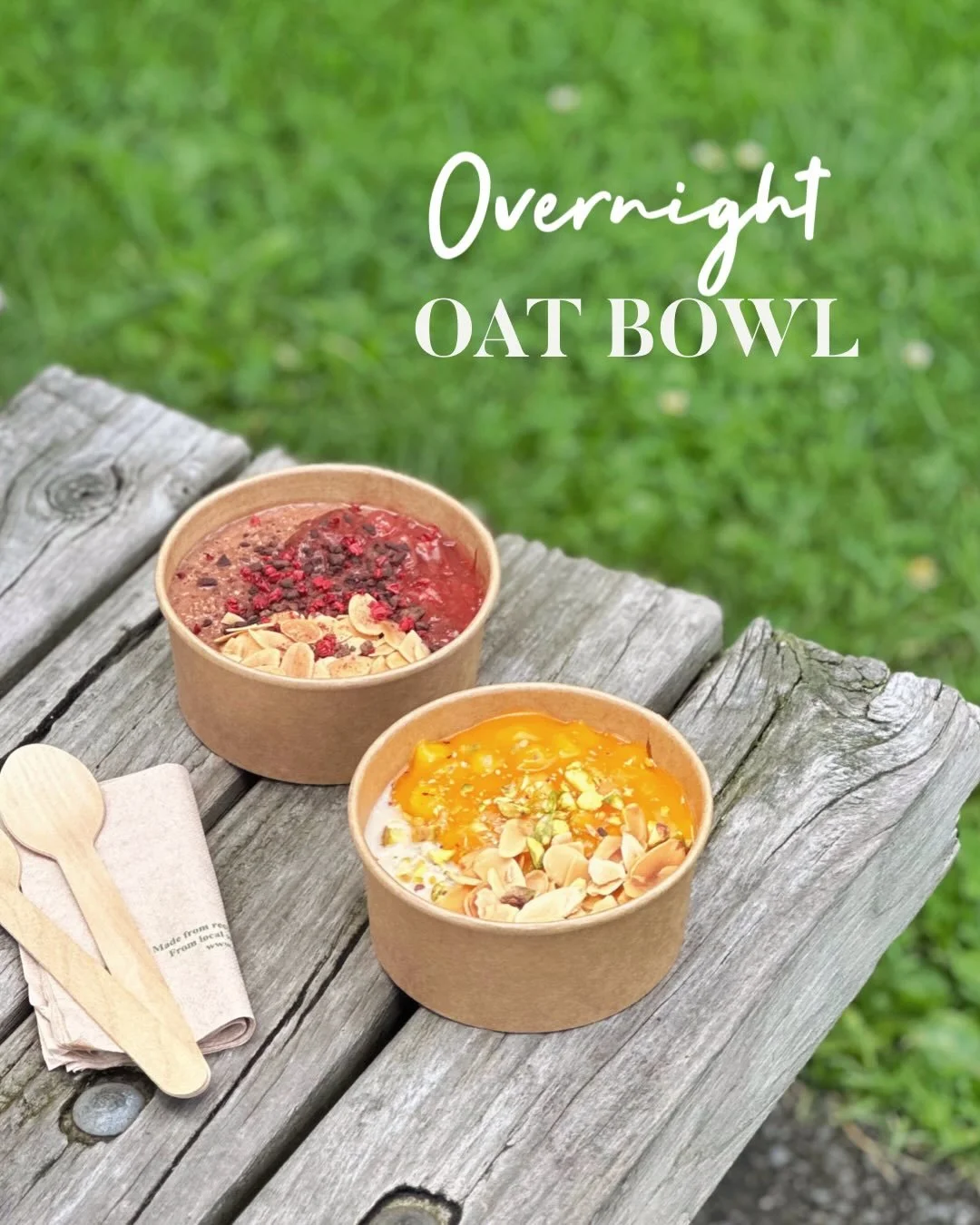 Overnight Oat Bowl
For those who love browsing morning markets but never have time for breakfast, come try our new overnight oat bowls.

 Mango Oat Bowl | Bright &amp; Fruity
Mango comp&ocirc;te, plain overnight oats, roasted almonds &amp; sunflower 