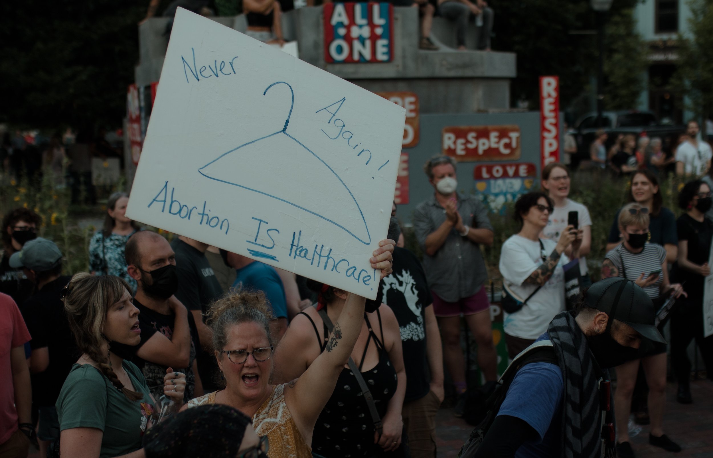 Asheville, North Carolina | June 25, 2022.
Protesters gather in response to the Supreme Court’s decision to overturn Roe v. Wade, voicing outrage, grief, and resistance.