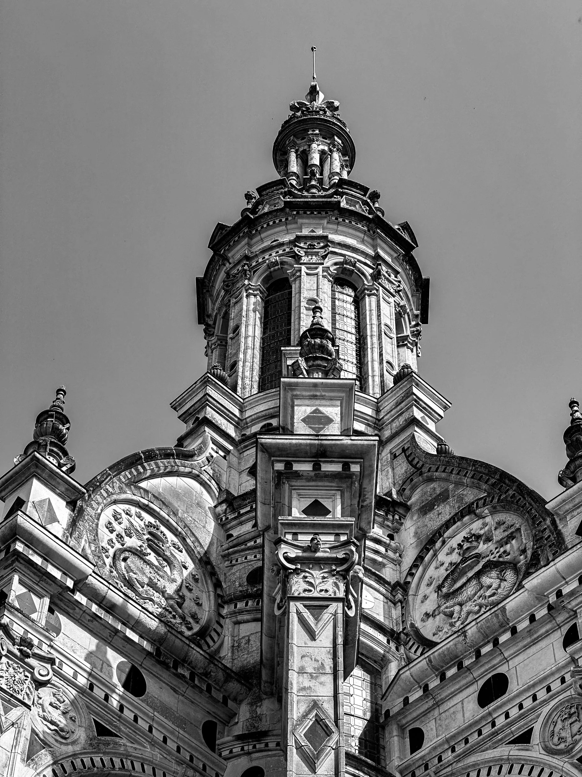 Renaissance turret detail, Chateau de Chambord France. Black and white art photography.