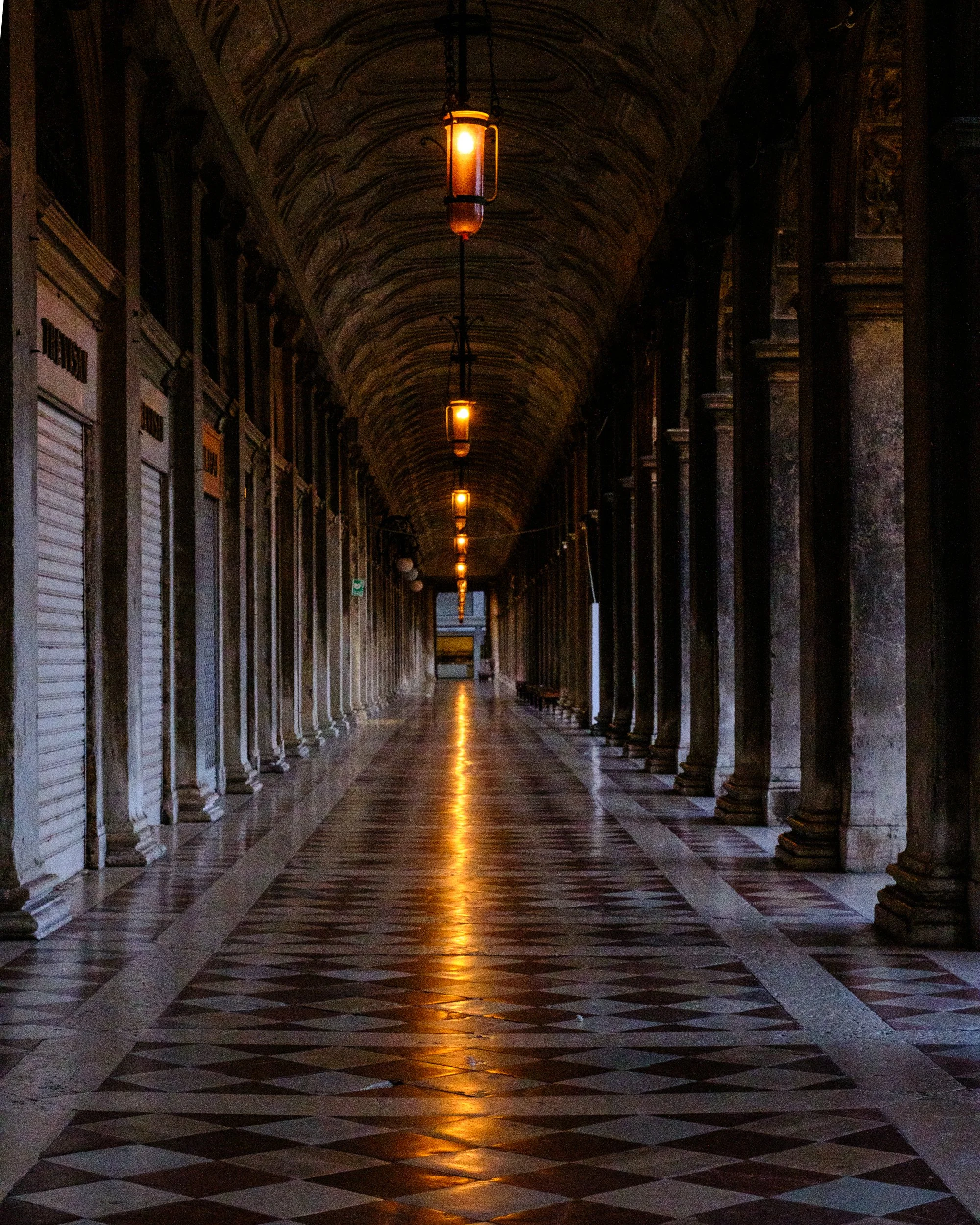Colonnade at Procuratie Nuove, Piazza San Marco Venice Italy. 