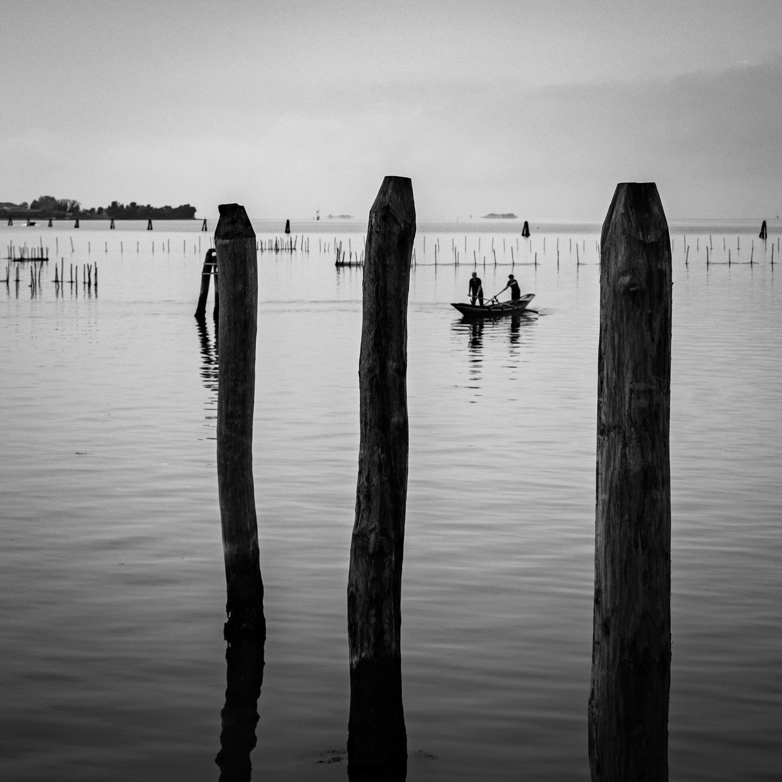 Rowing on the lagoon. Venice, Italy. Black and white art photography.