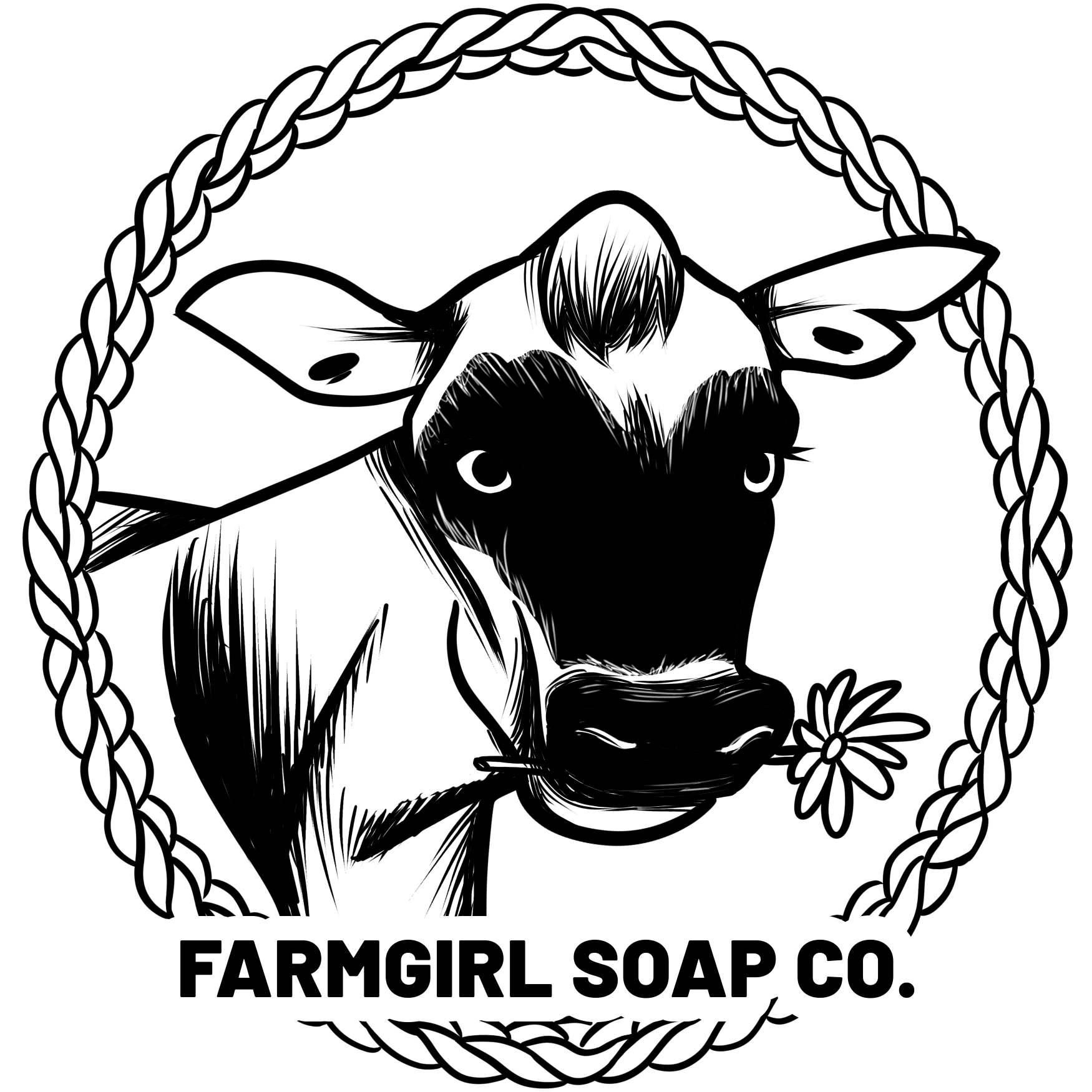 Black and white logo of a cow holding a flower in its mouth, with a rope border and the text 'FARMGIRL SOAP CO.' at the bottom.