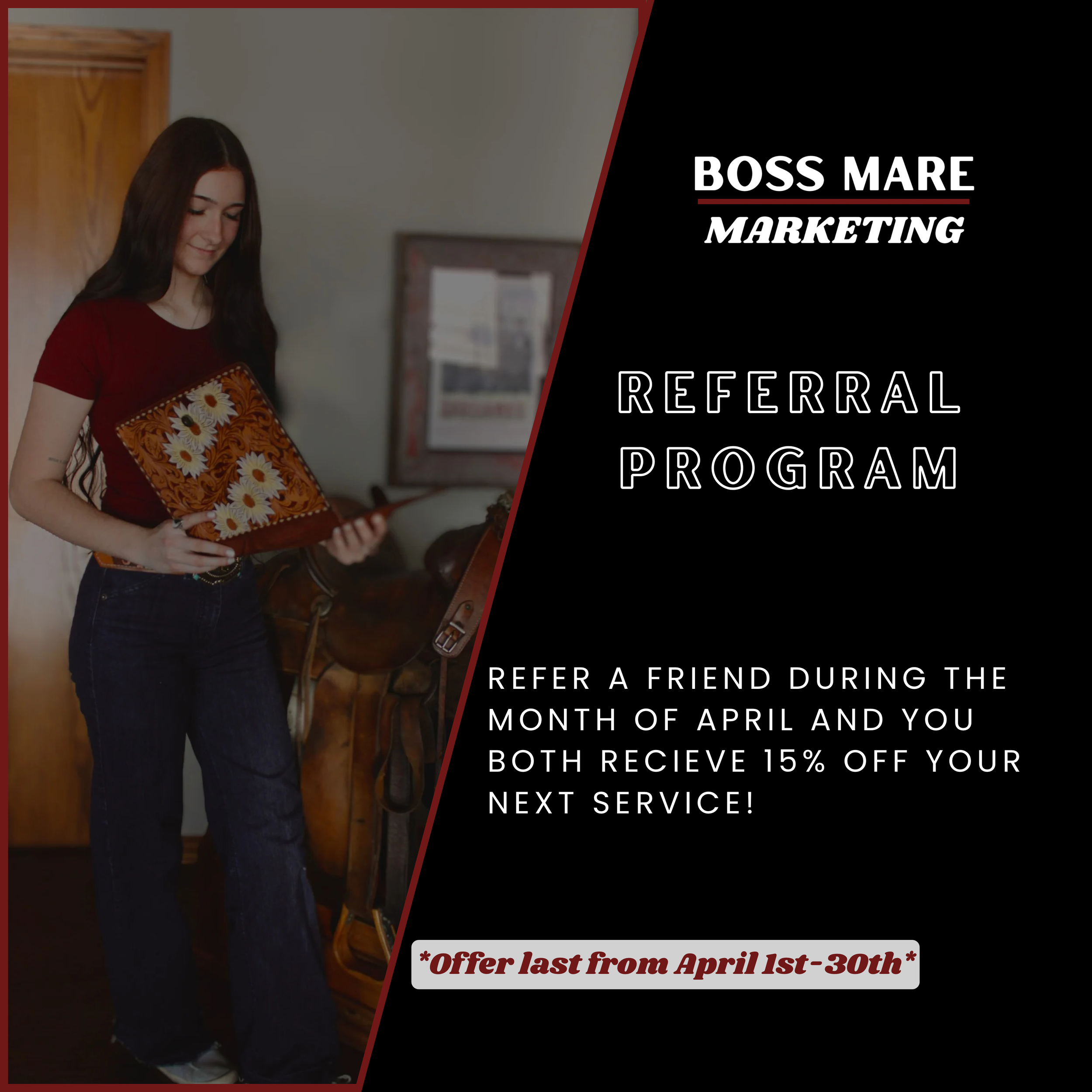 A woman with long dark hair wearing a red shirt and dark jeans holds a leather planning folder inside a cozy room.