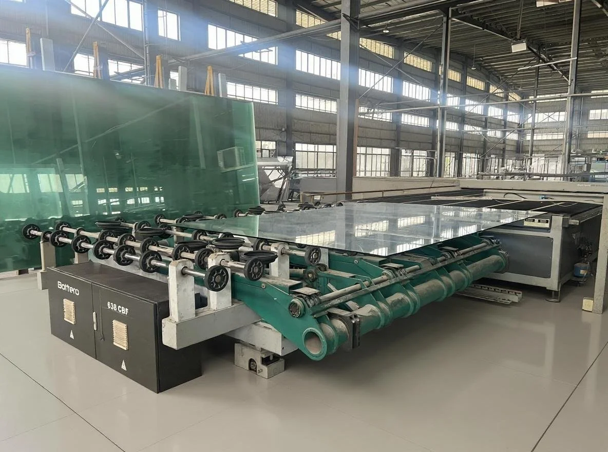 Large industrial machinery with rollers and a glass surface, situated inside a spacious factory or warehouse with metal framework and large windows.
