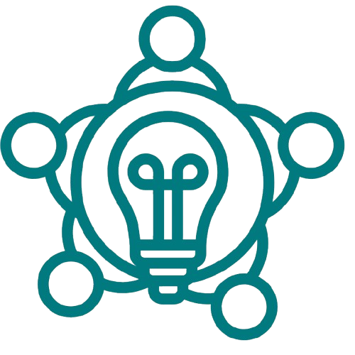 Outline of a light bulb surrounded by six interconnected circles, representing ideas and collaboration.