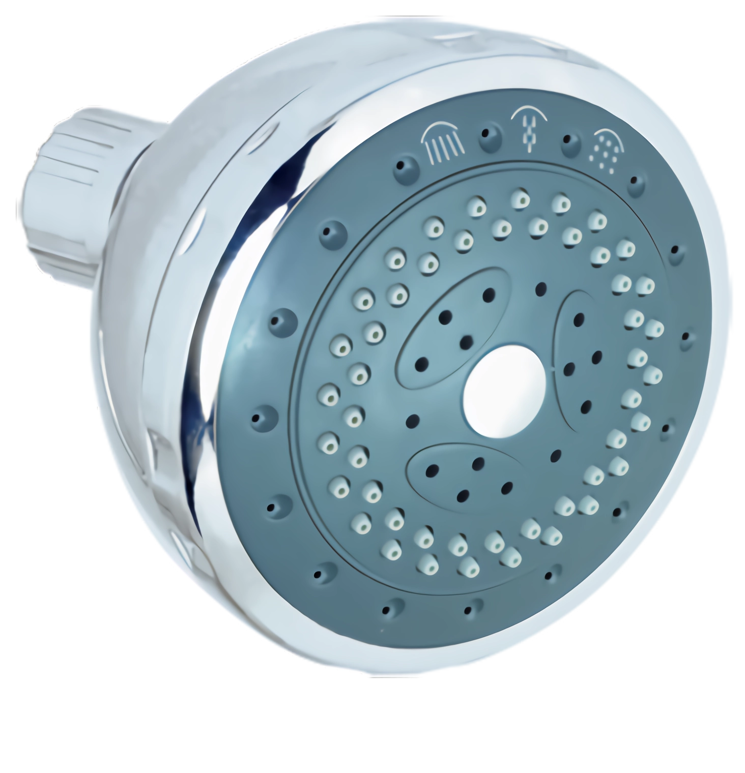 Close-up of a showerhead with multiple nozzles for water spray.