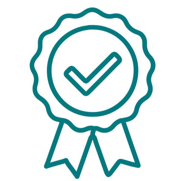 Outline of a medal or award ribbon with a checkmark inside a circle.